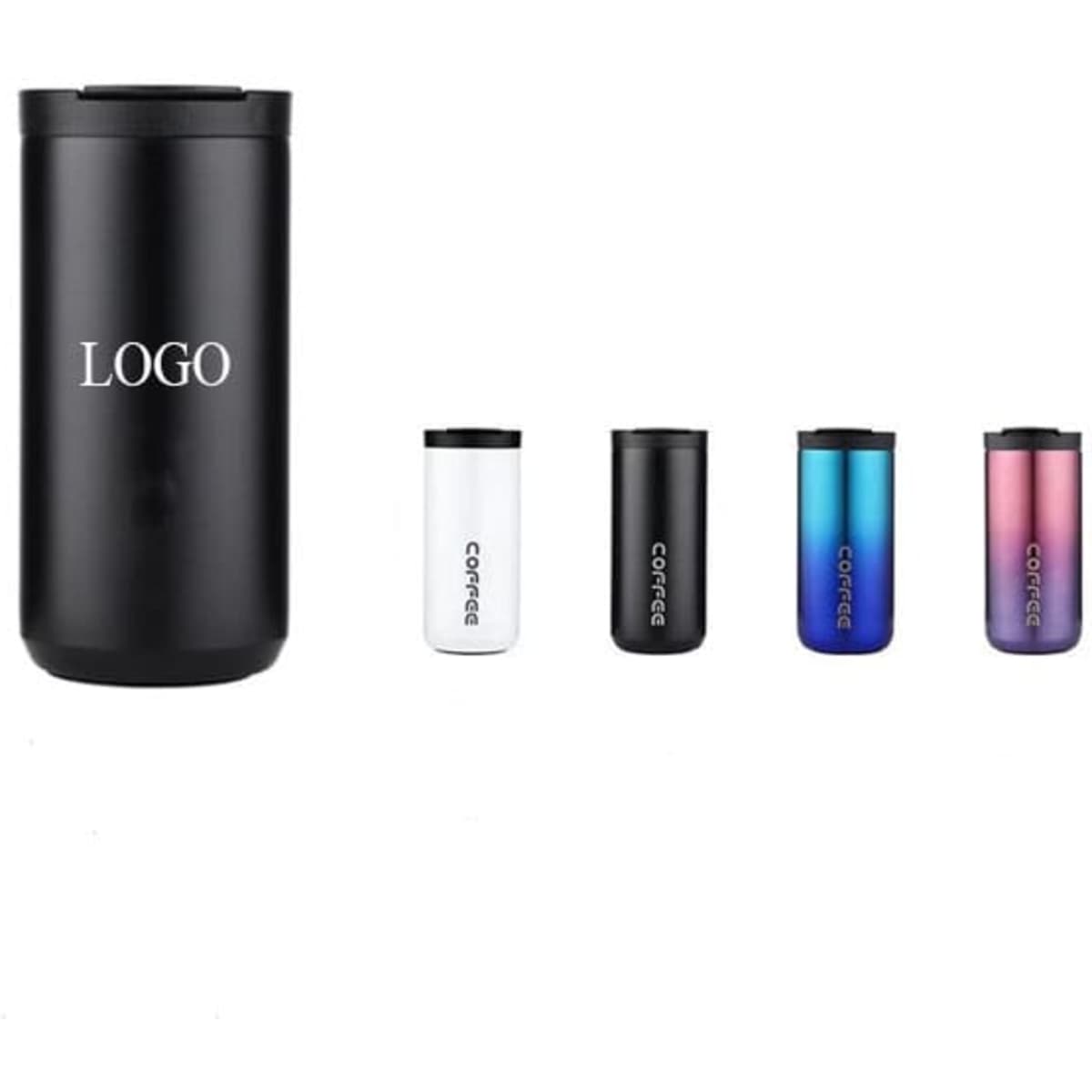 A drink bottle set featuring a black tumbler and gradient insulated tumblers in white, blue, and purple. Logo present.