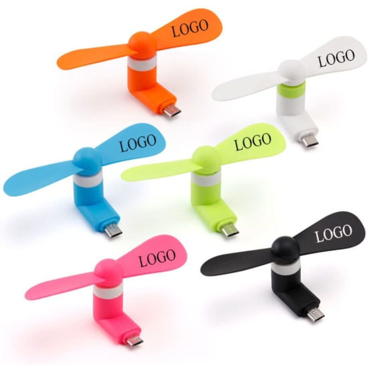 A collection of six portable mini phone fans in orange, white, blue, green, pink, and black, each with a logo.