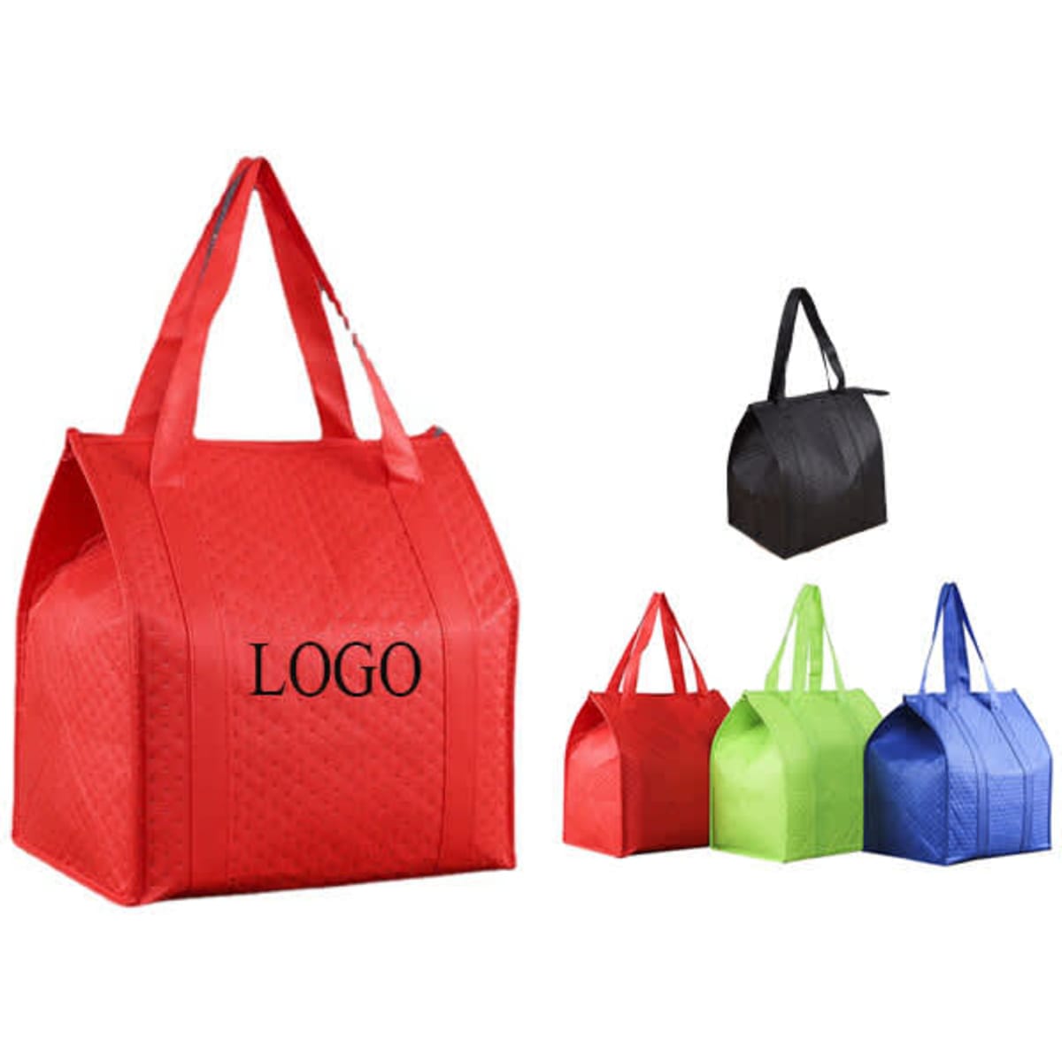 A collection of non-woven cooler lunch bags in red, green, blue, and black, featuring various designs and a logo.