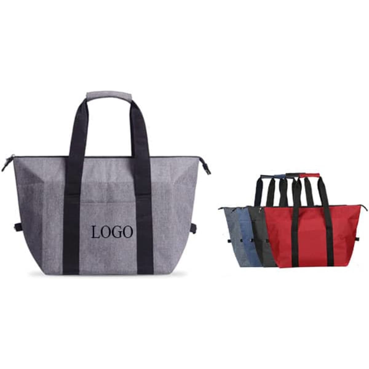 A foldable camping cooler bag in grey with black straps, alongside bags in red, blue, and grey. The bags feature a logo.