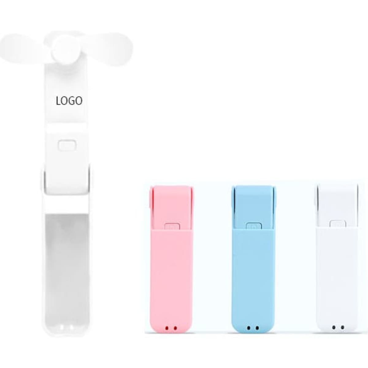A foldable mini fan in pink, blue, and white, featuring a logo on the side.