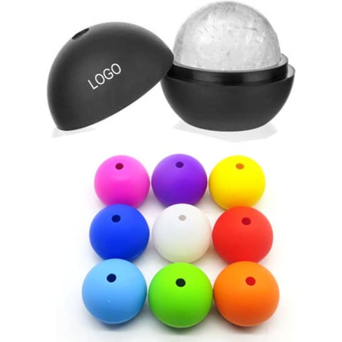 A black silicone ice ball mold with a clear ice ball inside, surrounded by various coloured silicone moulds.