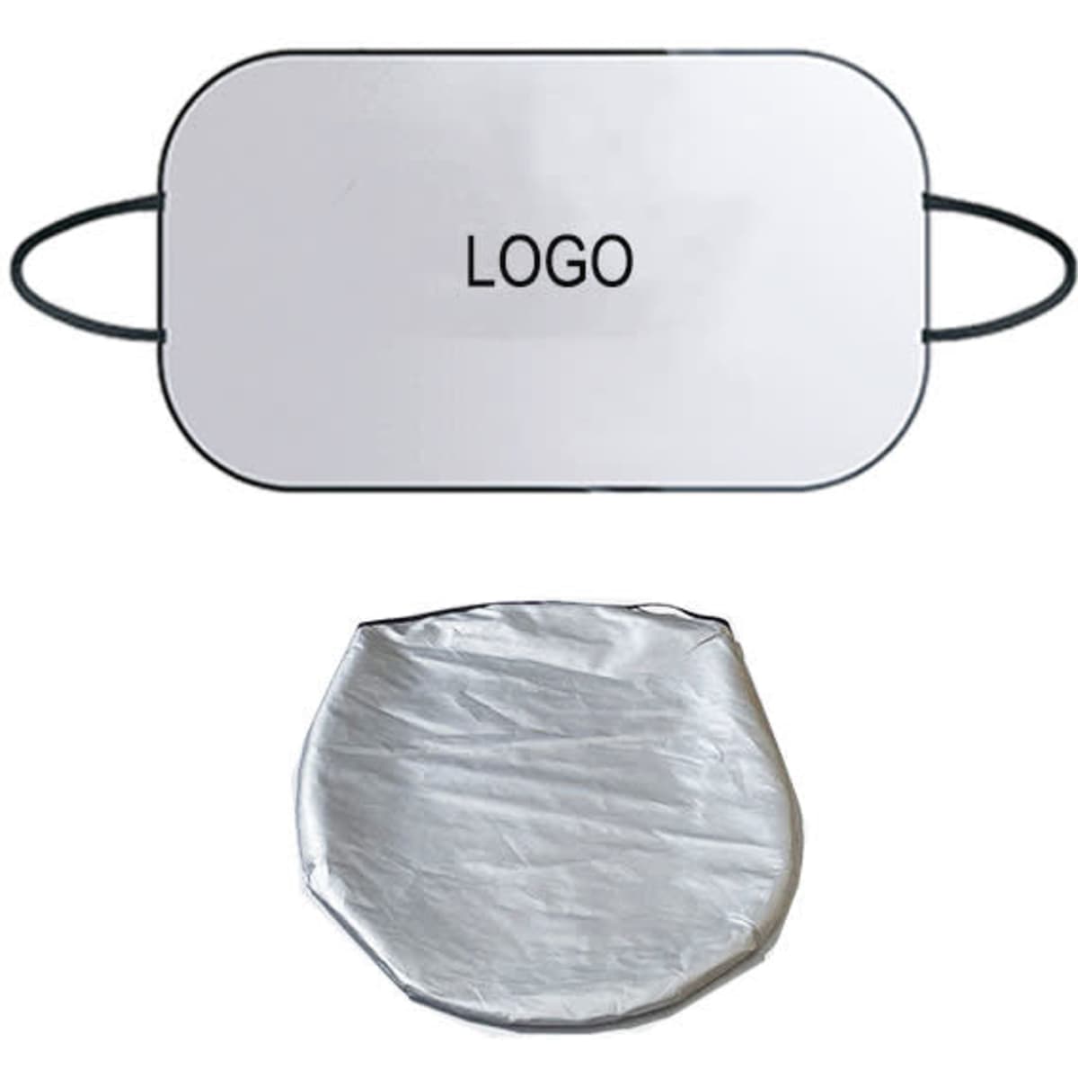 A foldable car sun shade in silver with black handles, featuring a logo on the surface.