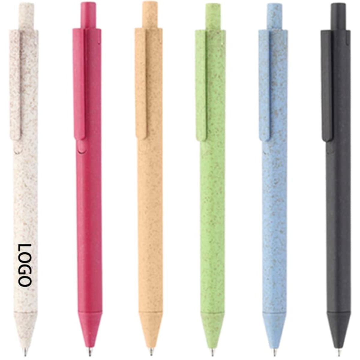 A collection of six ballpoint pens in various colours: pink, green, blue, beige, black, and a natural finish. Each has a logo.