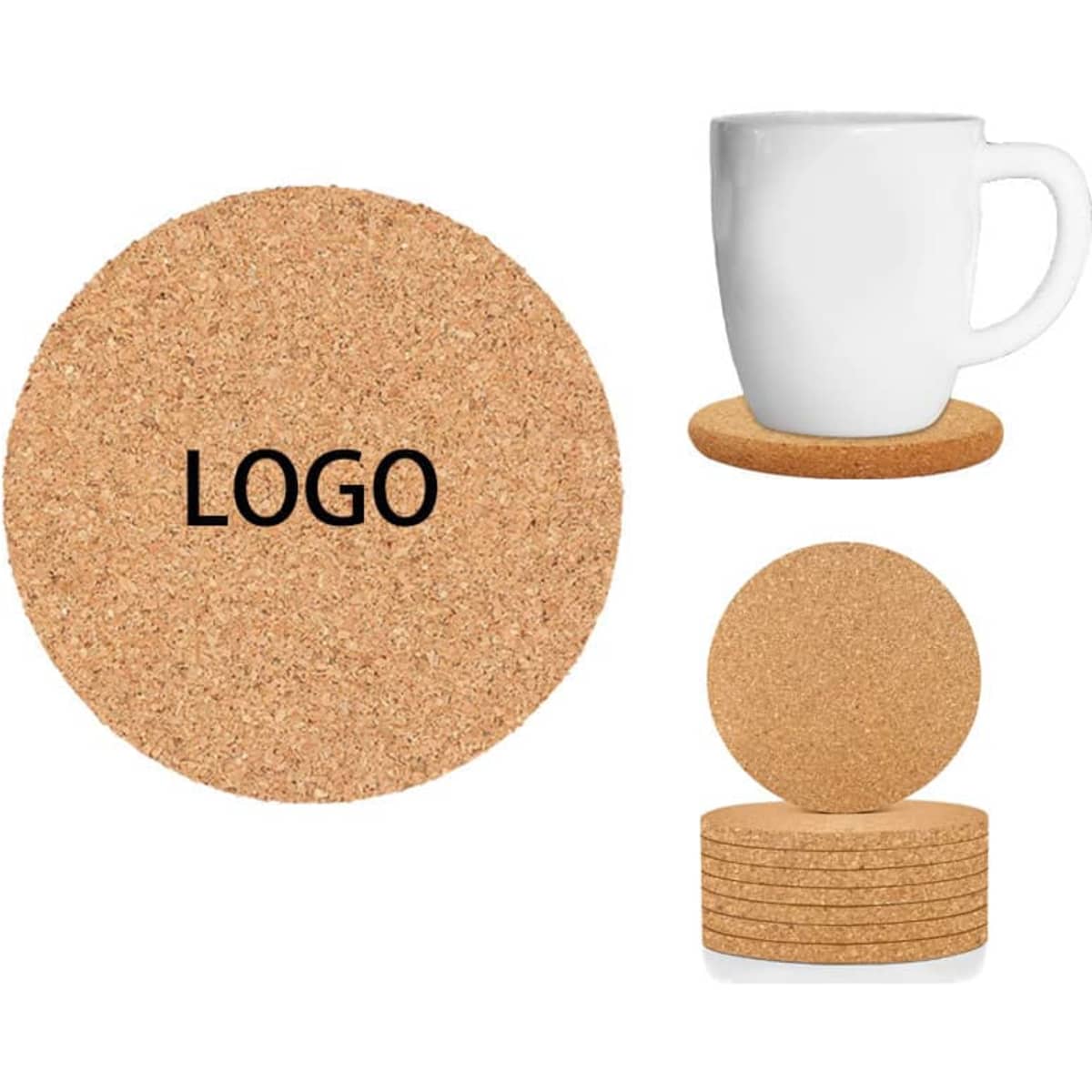 A round cork coaster in natural brown colour, featuring a white mug and a stack of coasters, with a logo.