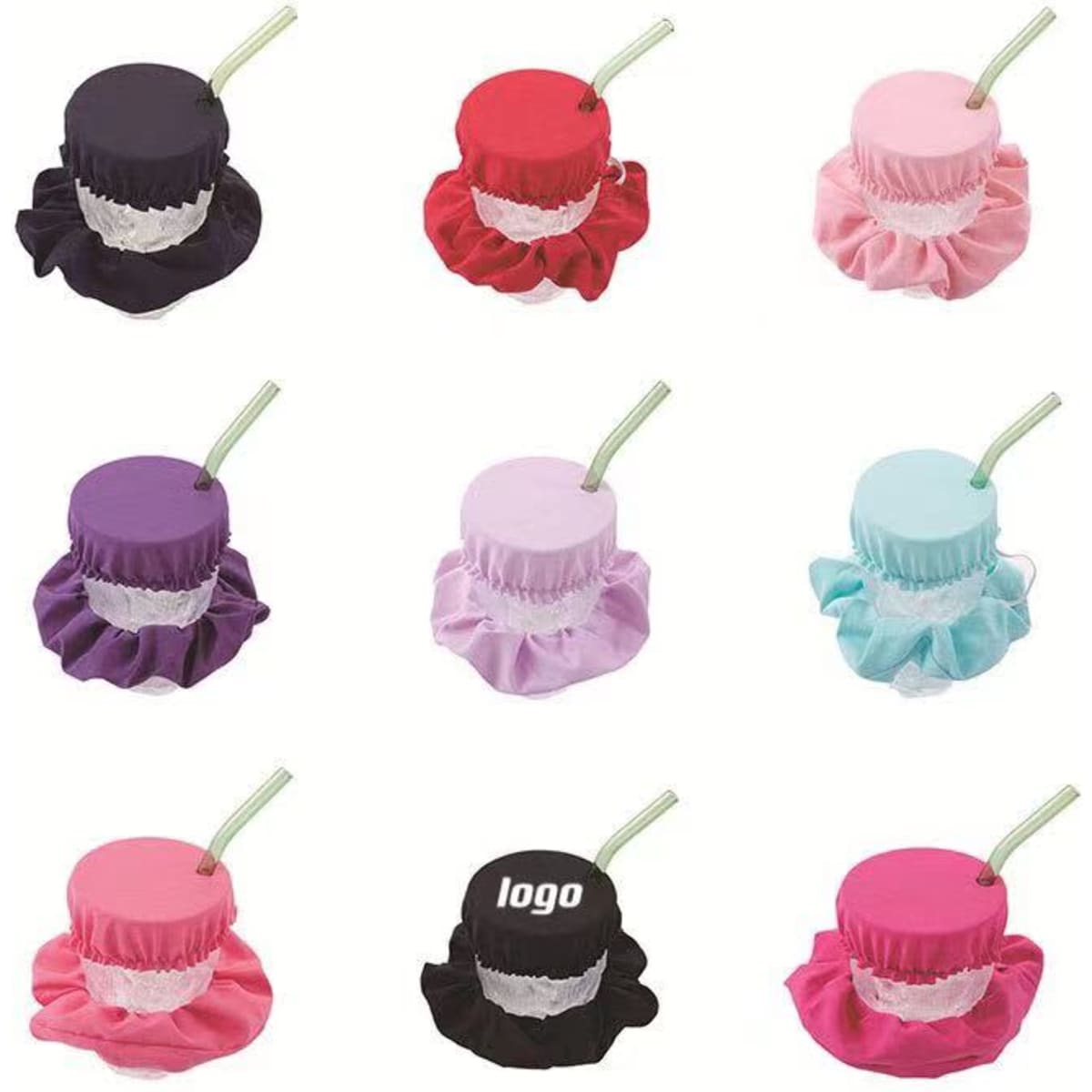 A collection of multifunctional drink covers in various colours including black, red, purple, pink, and teal, with straws and logos.