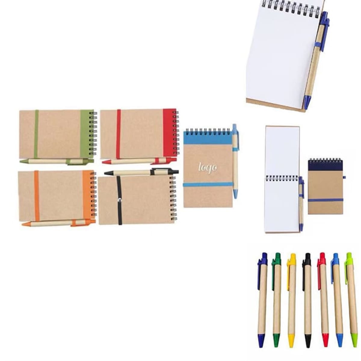 A variety of spiral-bound notebooks in brown with coloured bands, alongside multi-coloured pens.