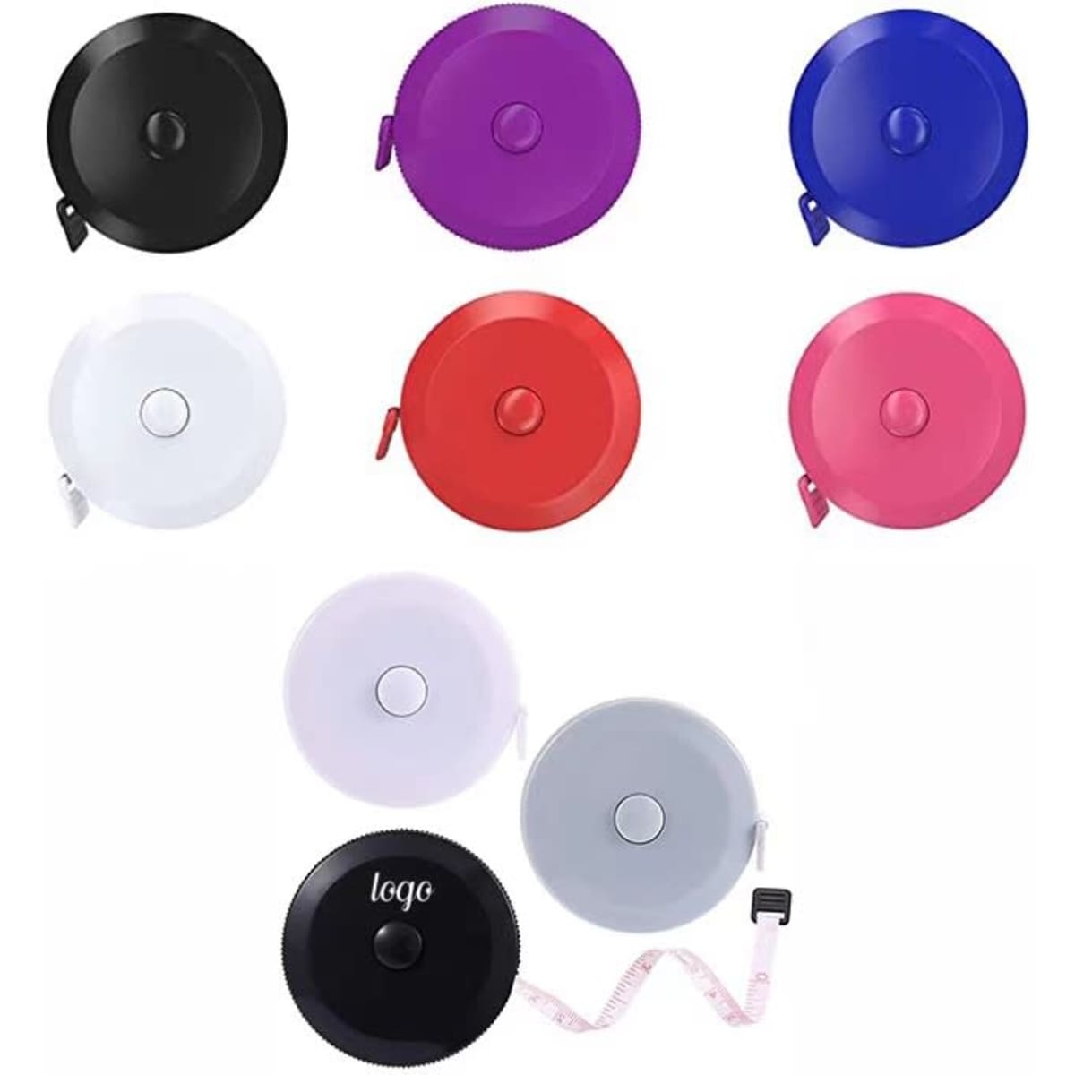 A set of retractable measuring tapes in black, purple, red, pink, white, and grey, featuring a logo on one tape.