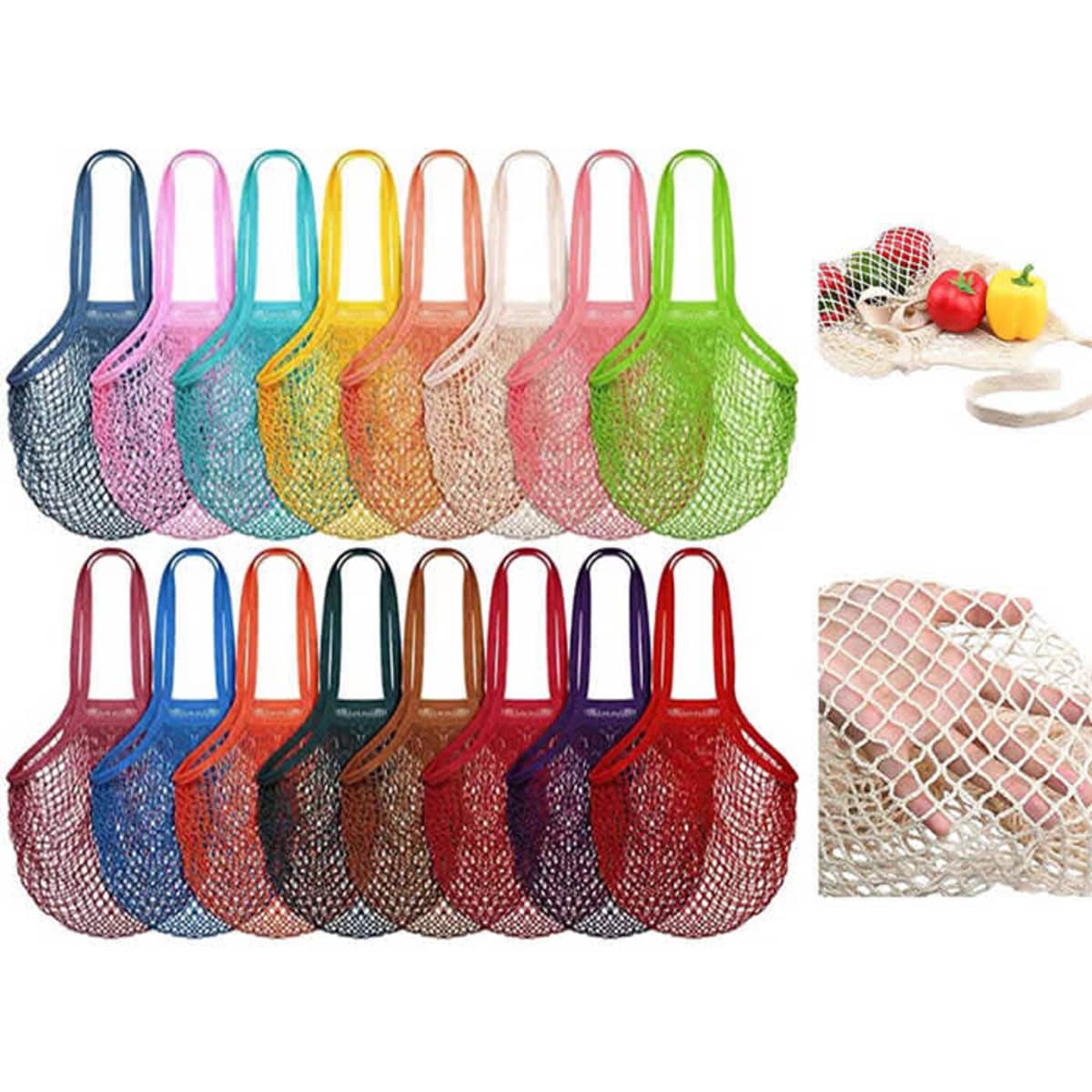 A collection of premium mesh grocery bags in various colours, including red, pink, green, and blue, with a logo.
