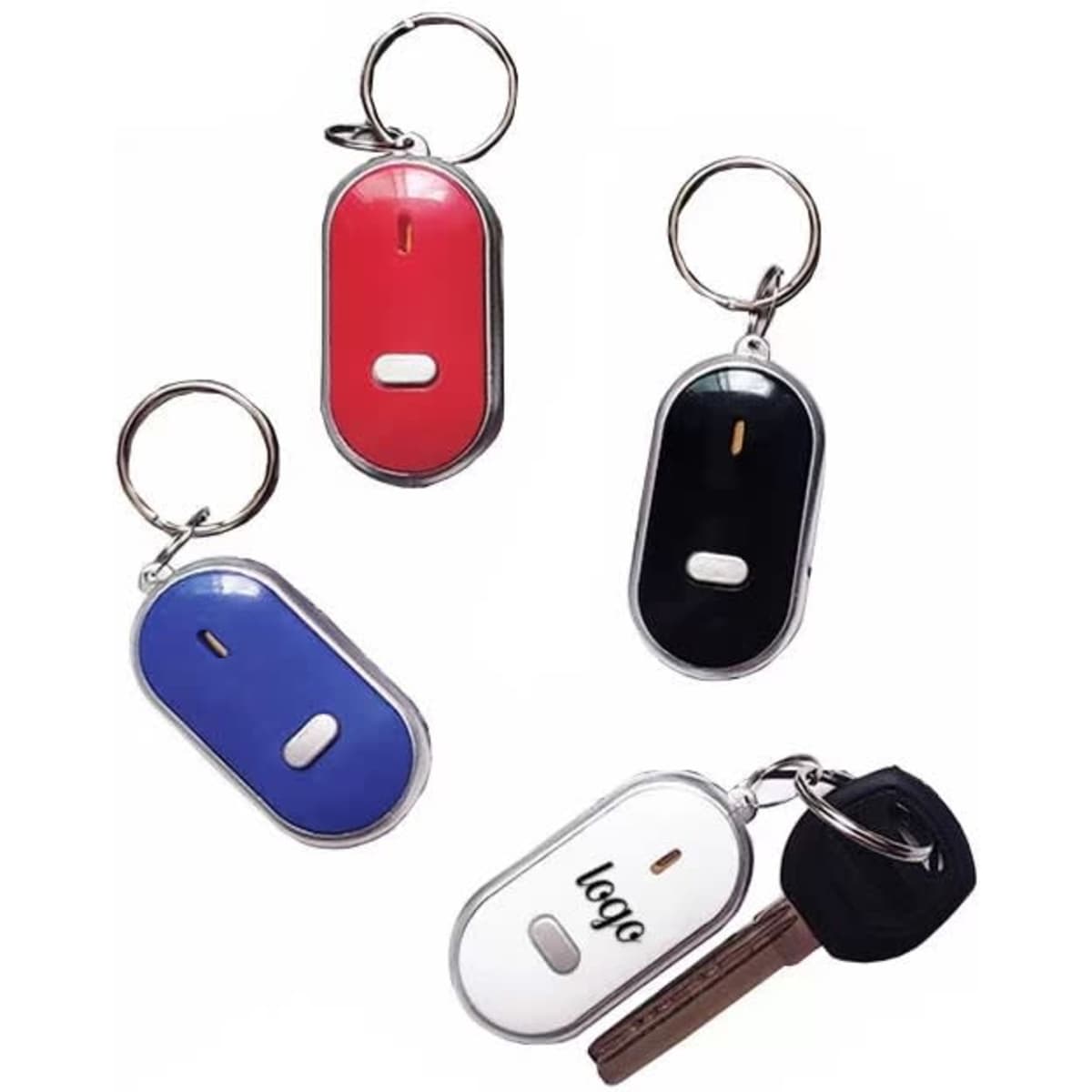 A set of personal alarm keyrings in red, blue, black, and white, featuring a keyring attachment and a logo.