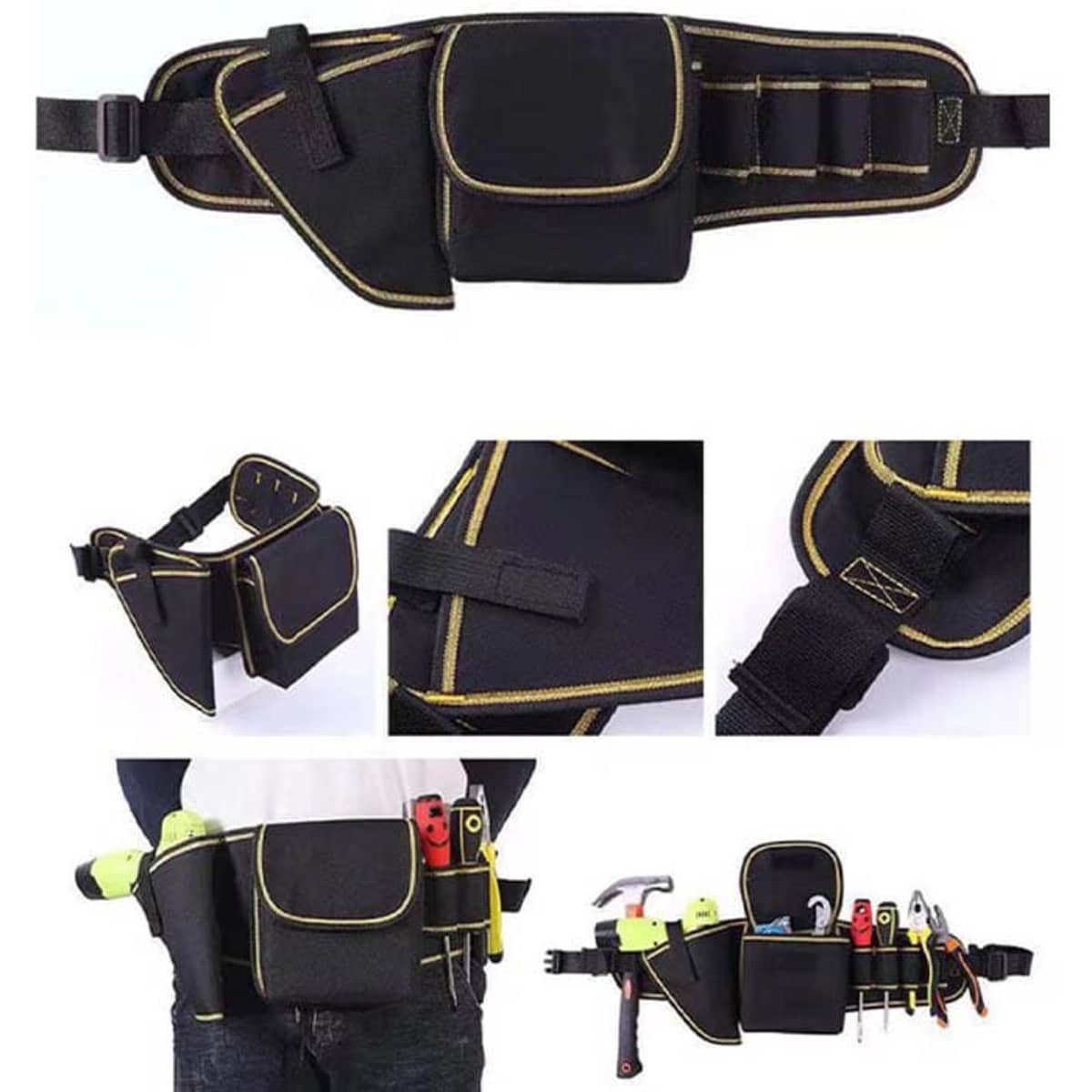 A multifunctional tools waist bag in black with yellow stitching, featuring multiple pockets and a belt attachment.