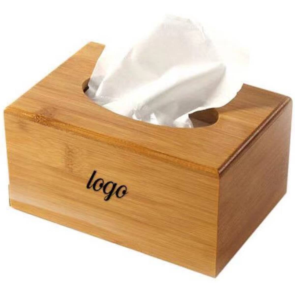 A bamboo tissue box with a slot for tissues, featuring a logo on the front.