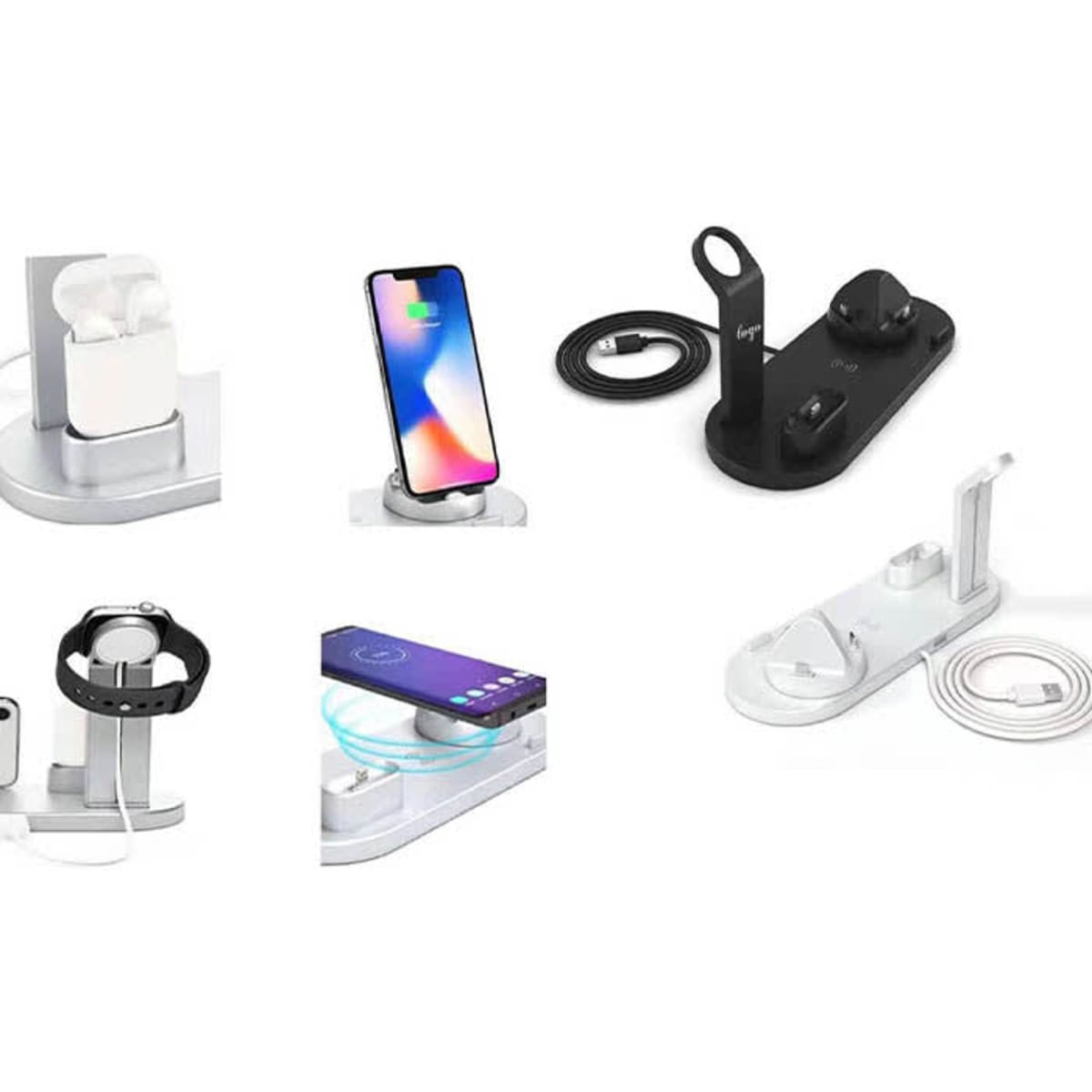 A functional wireless charger stand in black and silver, designed to charge multiple devices like phones, earbuds, and smartwatches.