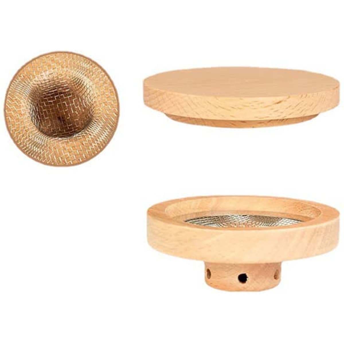 A wooden cocktail smoker with a mesh screen, featuring a smooth finish and natural tones. It includes a branding logo.