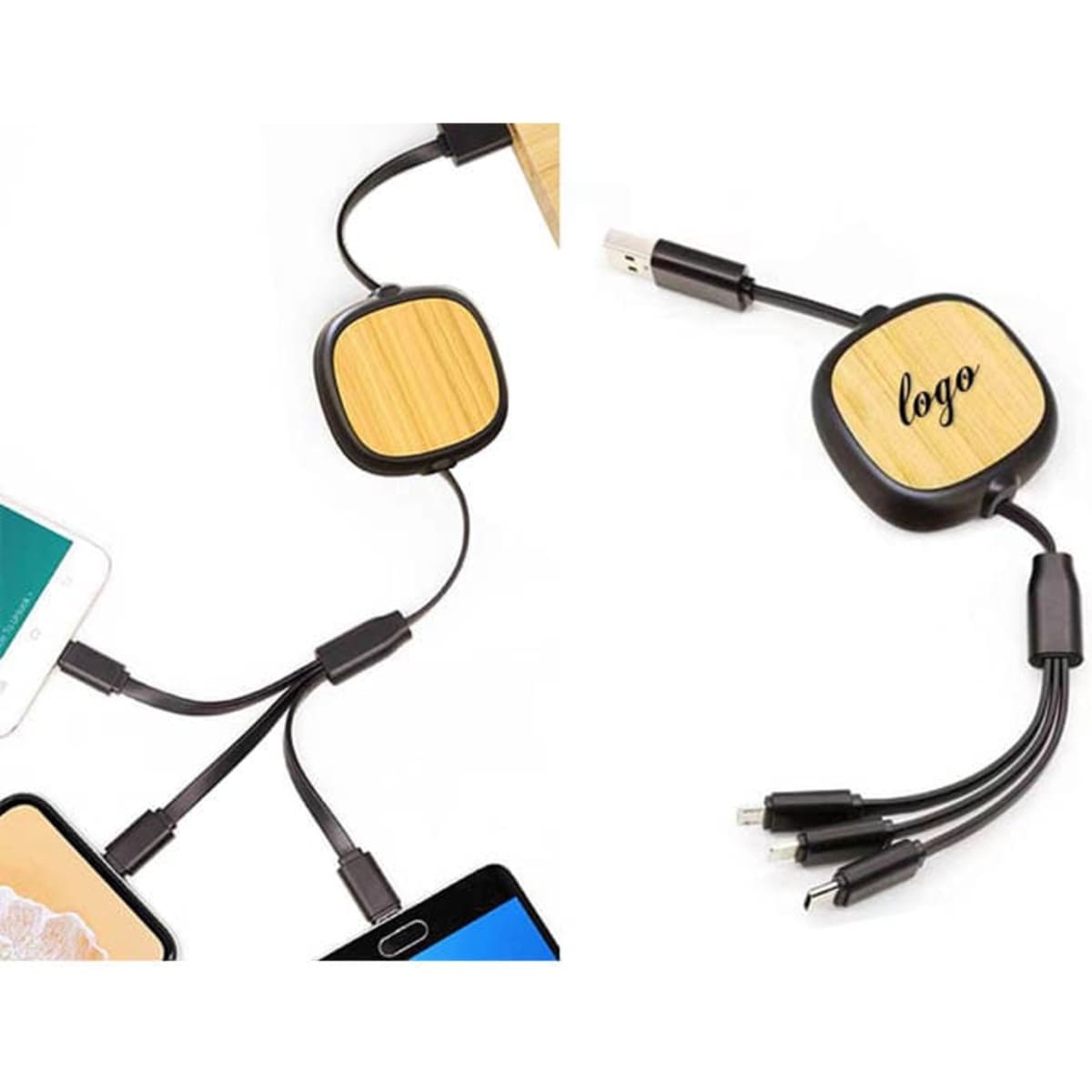 A 3 in 1 retractable charging cable with a bamboo centre and black connectors, featuring a logo on top.