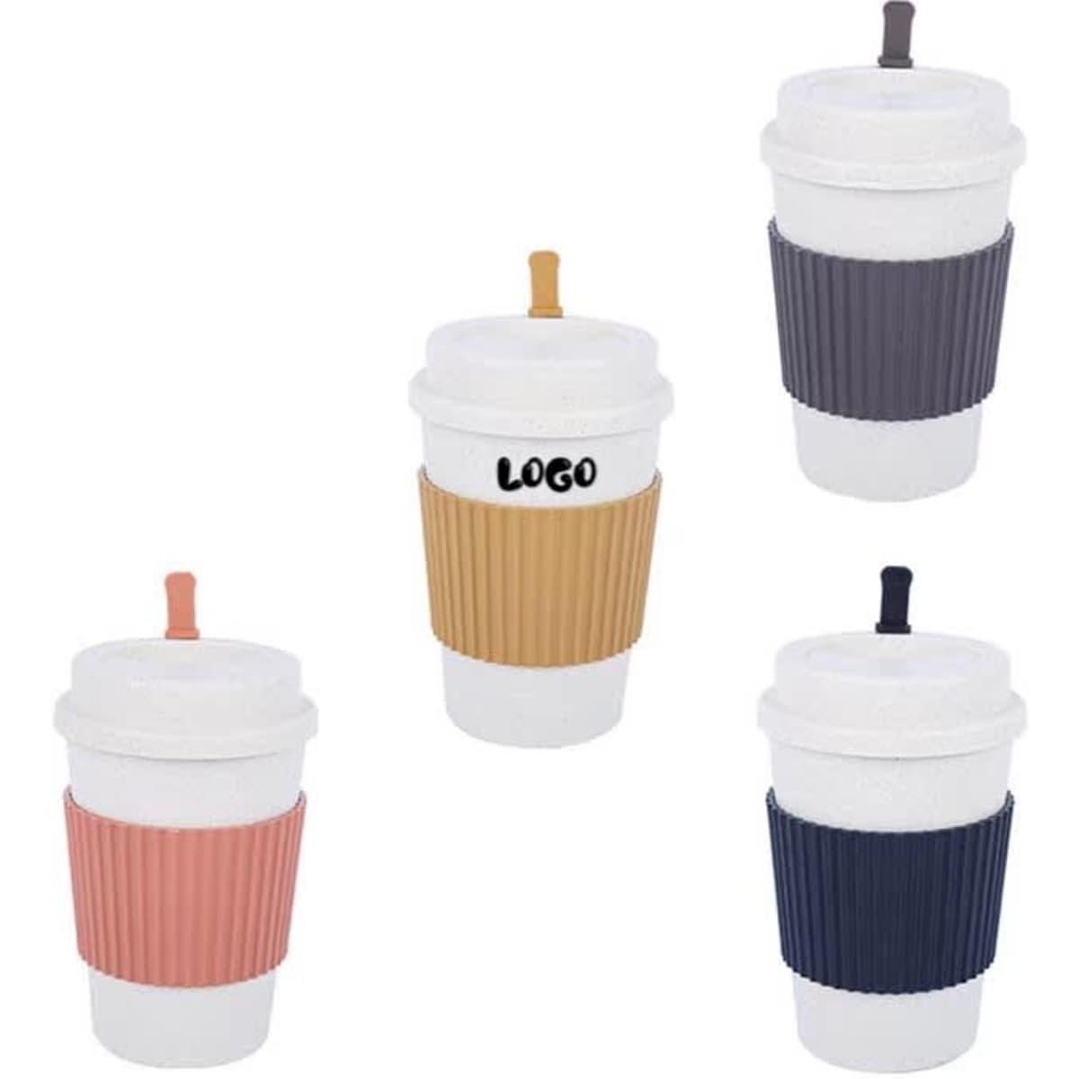 A set of four insulated coffee cups in white, brown, pink, and dark blue, each with a textured grip and a logo.