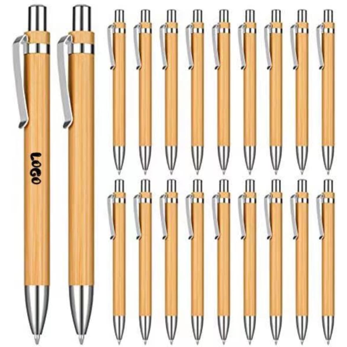 A set of retractable ballpoint pens with bamboo barrels and silver accents, featuring a logo on one pen.