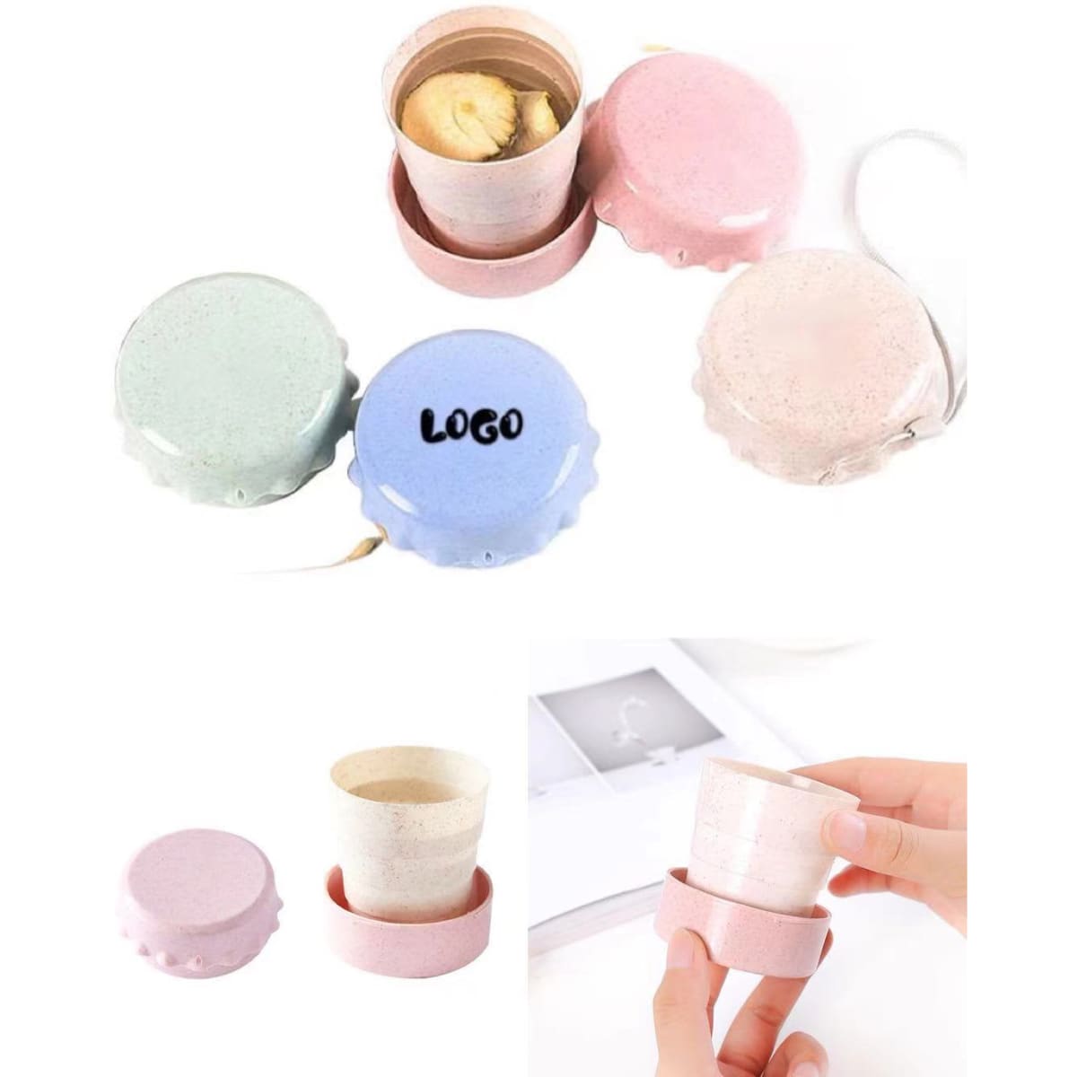 A collection of wheat straw retractable cups in pink, blue, and green with a lid and a base. One cup is partially filled.