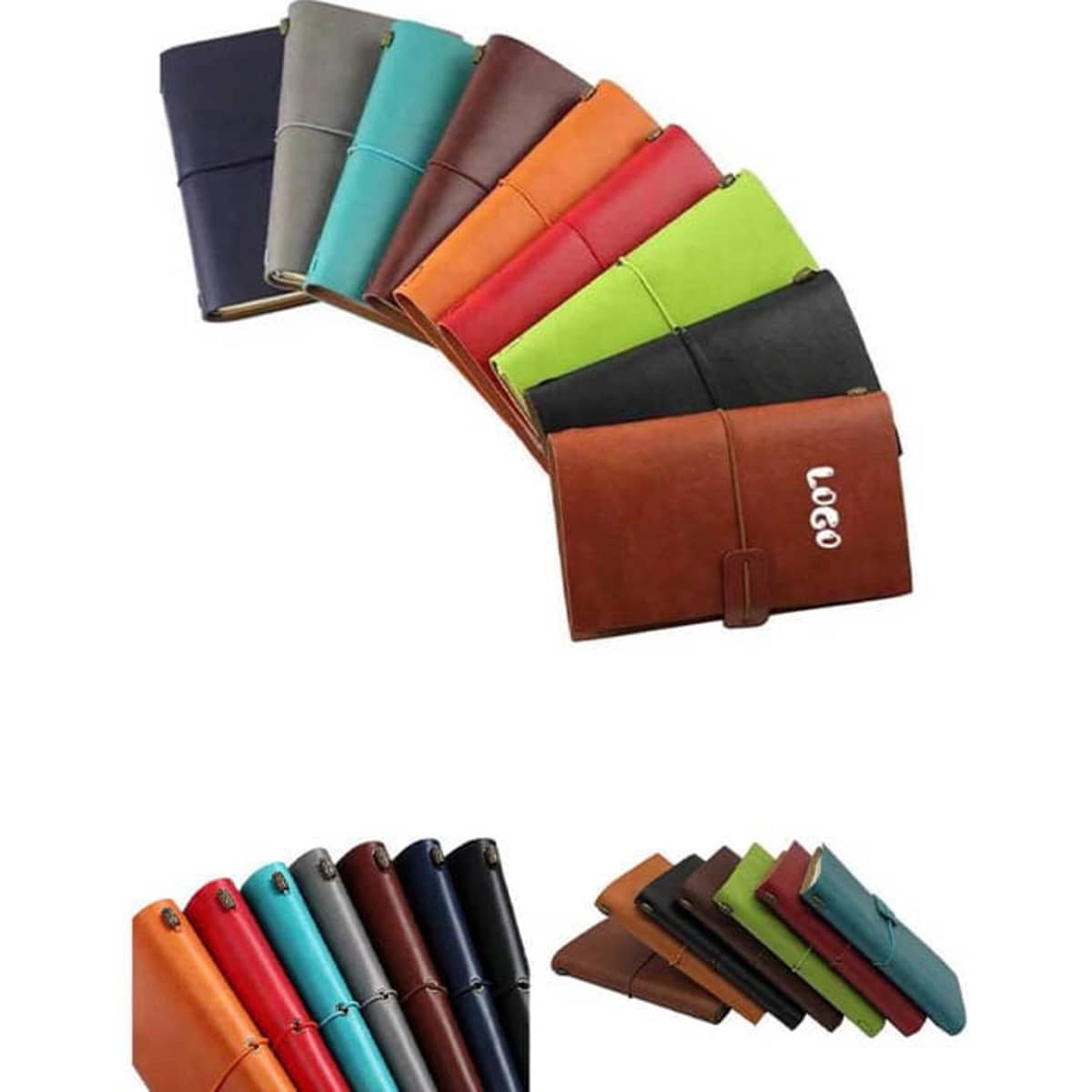 A collection of PU leather notebooks in various colours, featuring a clasp and some with a logo.