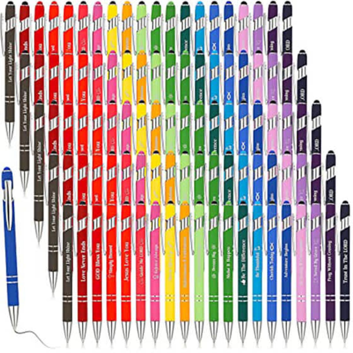 A collection of stylus tip ballpoint pens in various vibrant colours, arranged in rows with a single blue pen at the front.