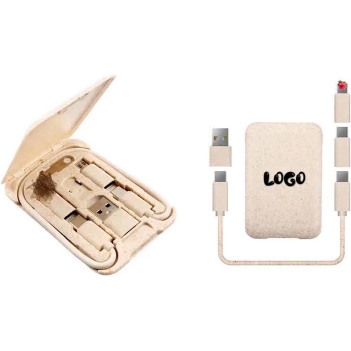 A wheat straw charging cable box in beige, containing multiple charging cables and a compact design. Features a logo.