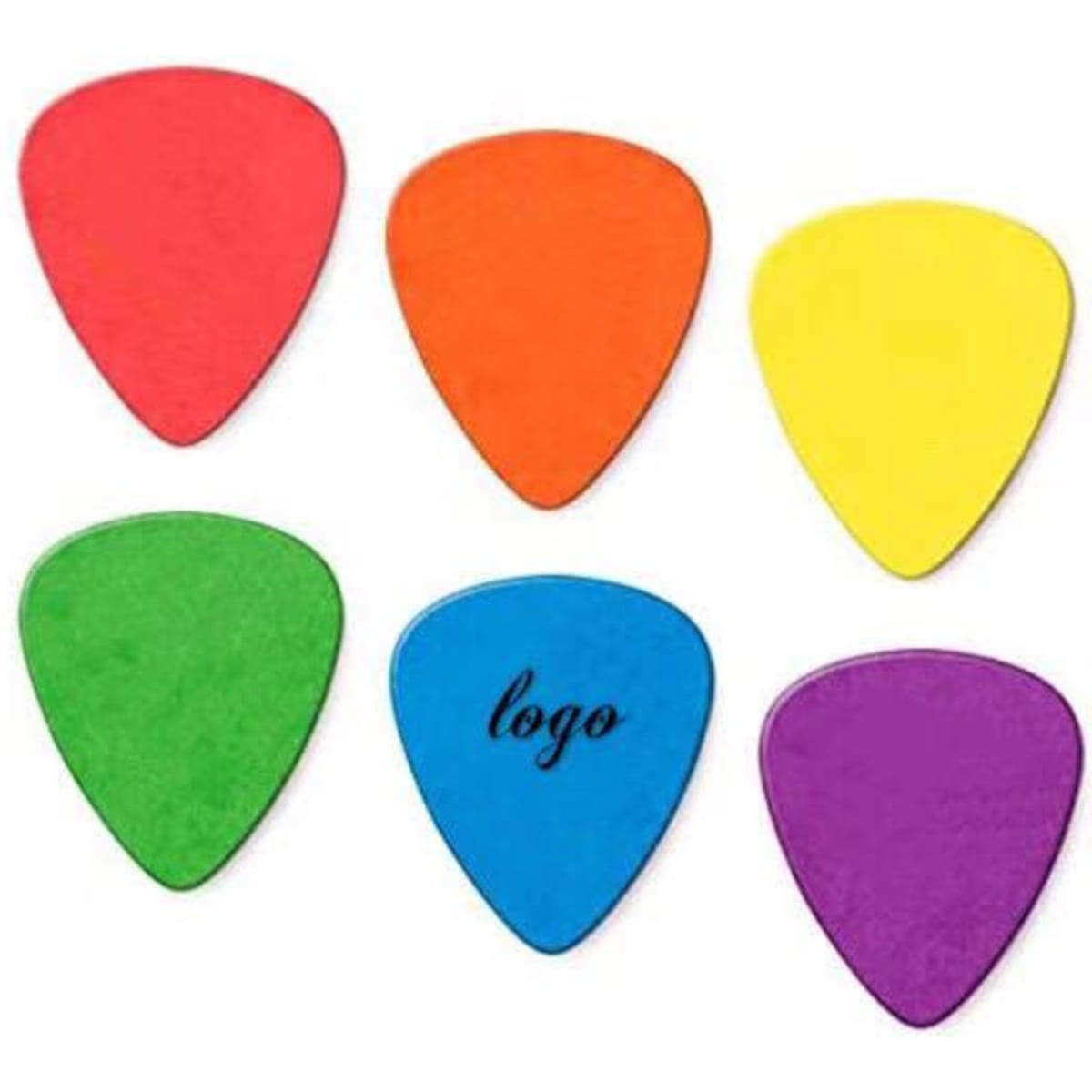 A collection of six guitar picks in red, orange, yellow, green, blue, and purple, featuring a logo on one pick.