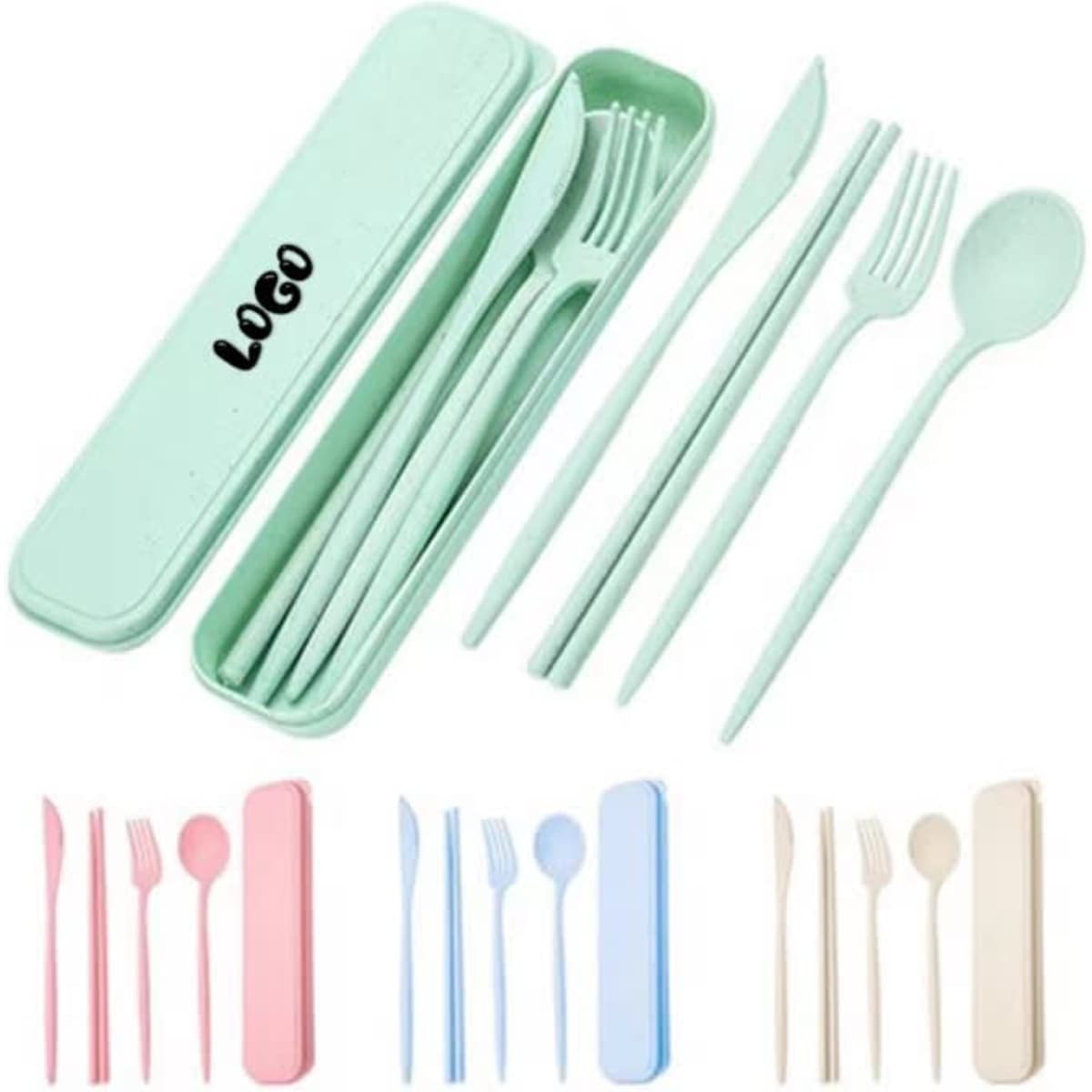A portable set of mint green wheat straw tableware, including forks, spoons, knives, and a storage case with a logo.