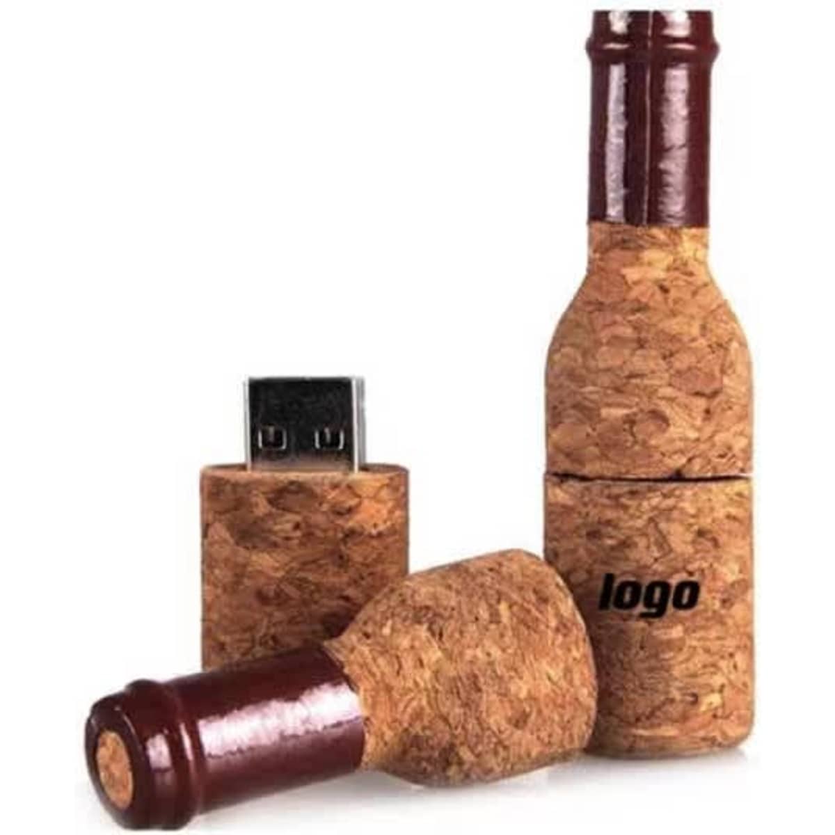 A drink bottle USB flash drive in cork with a maroon top, featuring a logo.