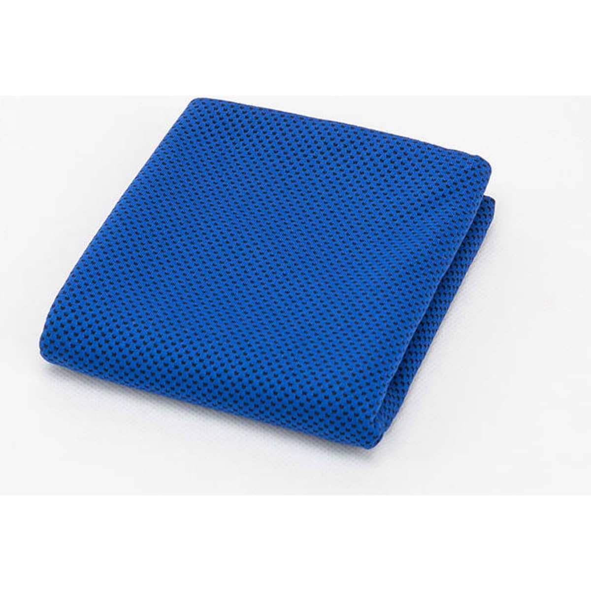 A folded blue breathable chilly towel featuring a mesh texture, with a logo present on the surface.