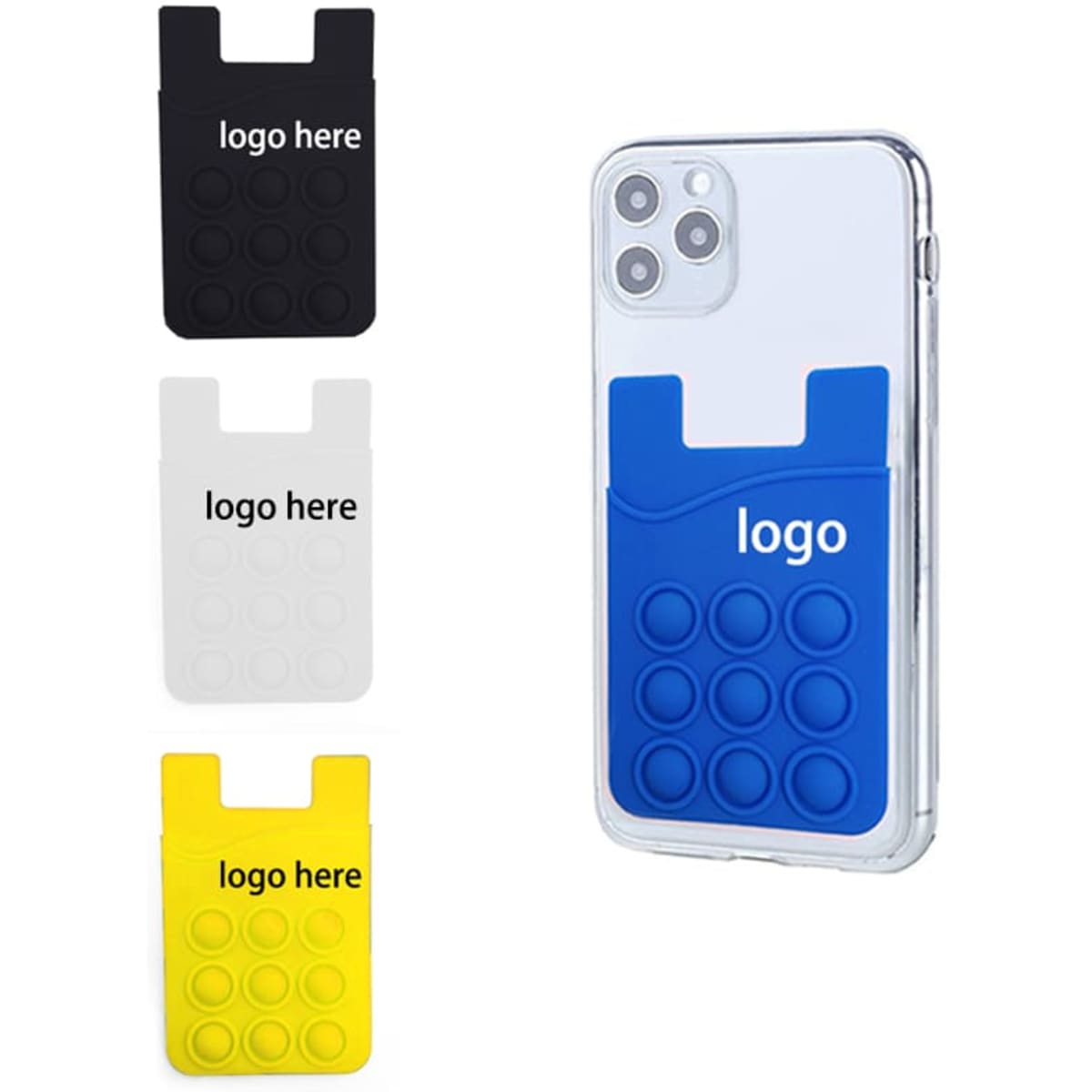 A collection of fidget push pop bubble silicone phone wallets in black, white, blue, and yellow, with a logo on each.