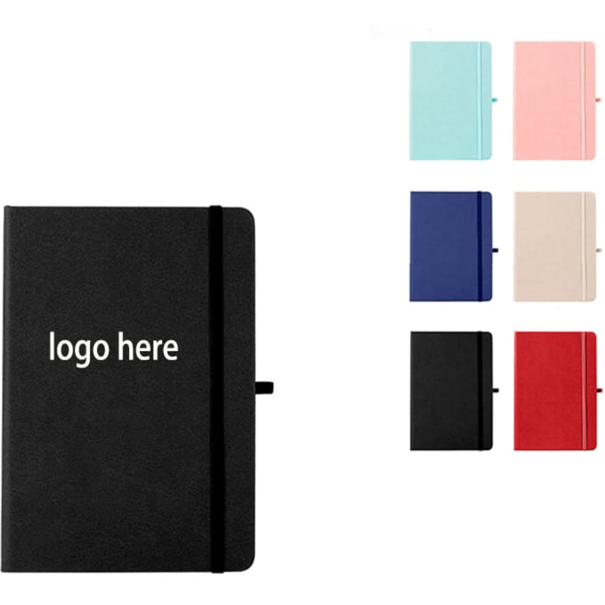 A black college-ruled notebook with a pen loop, displayed alongside various coloured options. Features a logo area.