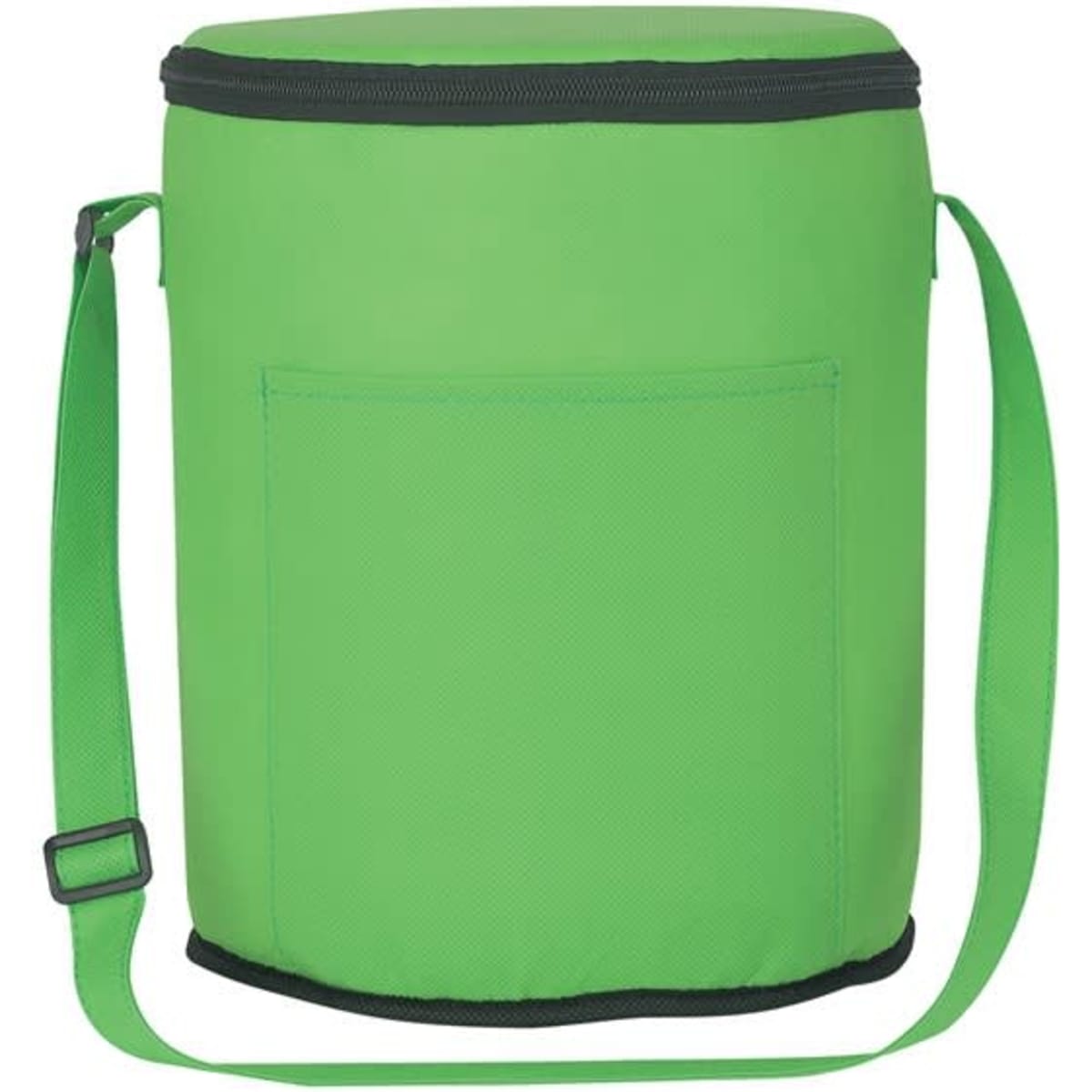 A green cylindrical insulated lunch shoulder bag with a zipper and an adjustable strap. It features a front pocket.