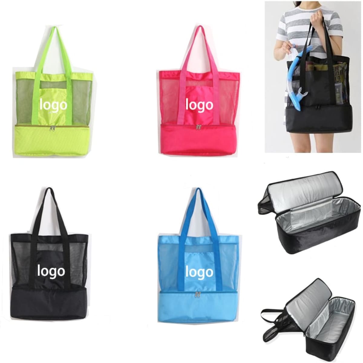 Oversized insulated cooler tote beach bags in lime green, hot pink, and black, featuring mesh details and a logo.