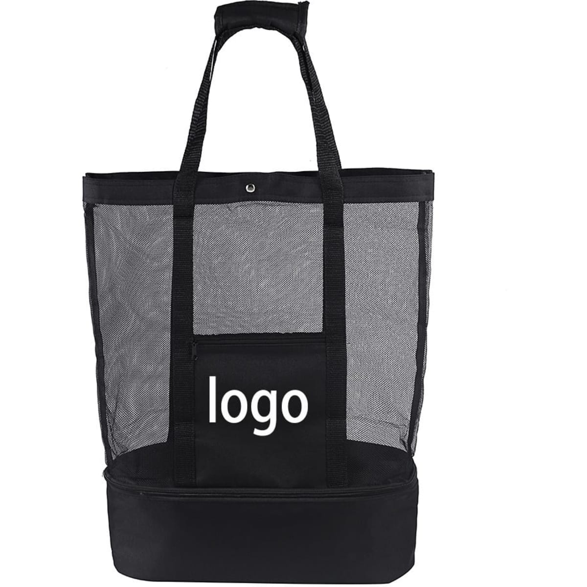 A black mesh beach tote bag cooler featuring a sturdy base and a logo. Ideal for carrying refreshments.