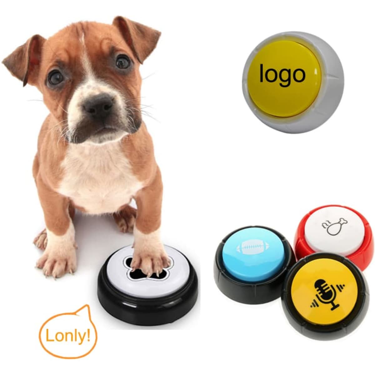 A brown puppy next to colourful recordable voice buttons in black, yellow, red, and blue, with a logo on one button.