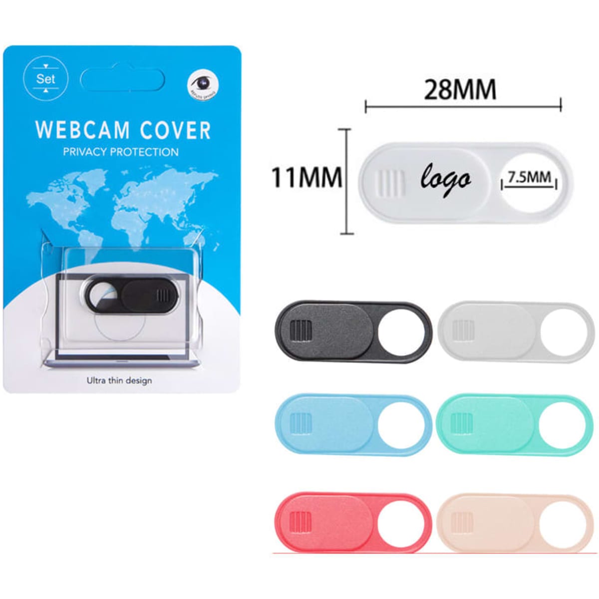 A set of webcam covers in various colours, including black, white, blue, green, and pink, with a thin design.