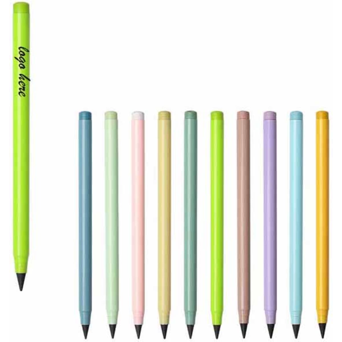 A set of colourful pens in pastel shades, featuring a green pen with a logo and a variety of similar pastel-coloured pens.
