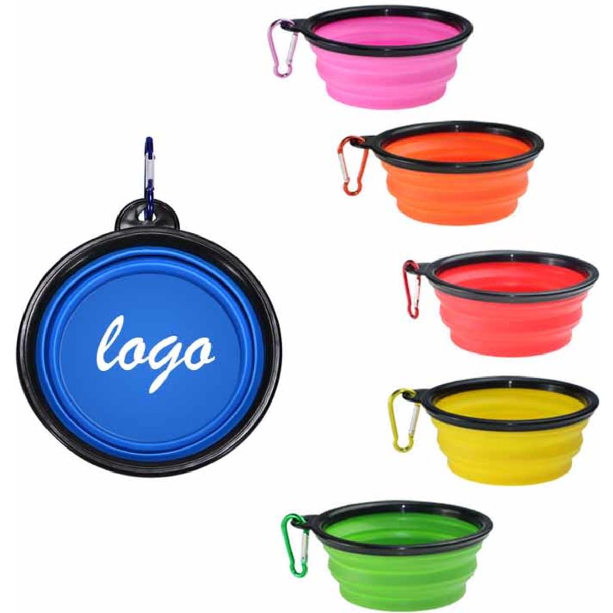 A set of collapsible pet bowls in pink, orange, yellow, green, and blue, each with a black rim and a clip.