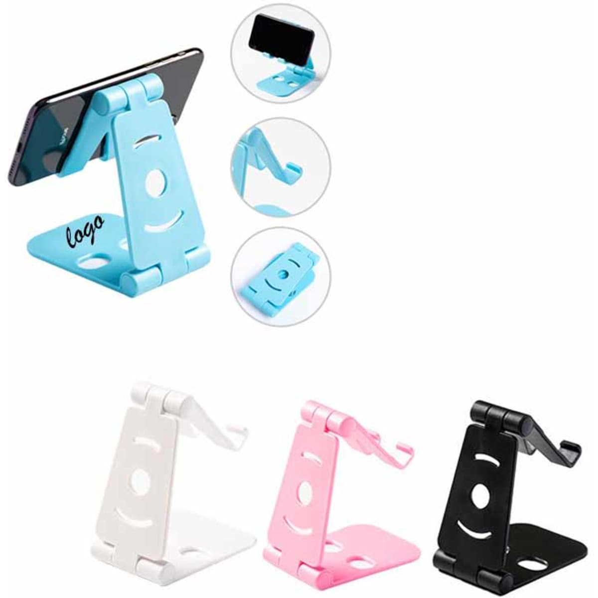 A phone stand holder available in blue, pink, white, and black, featuring a logo on its design.