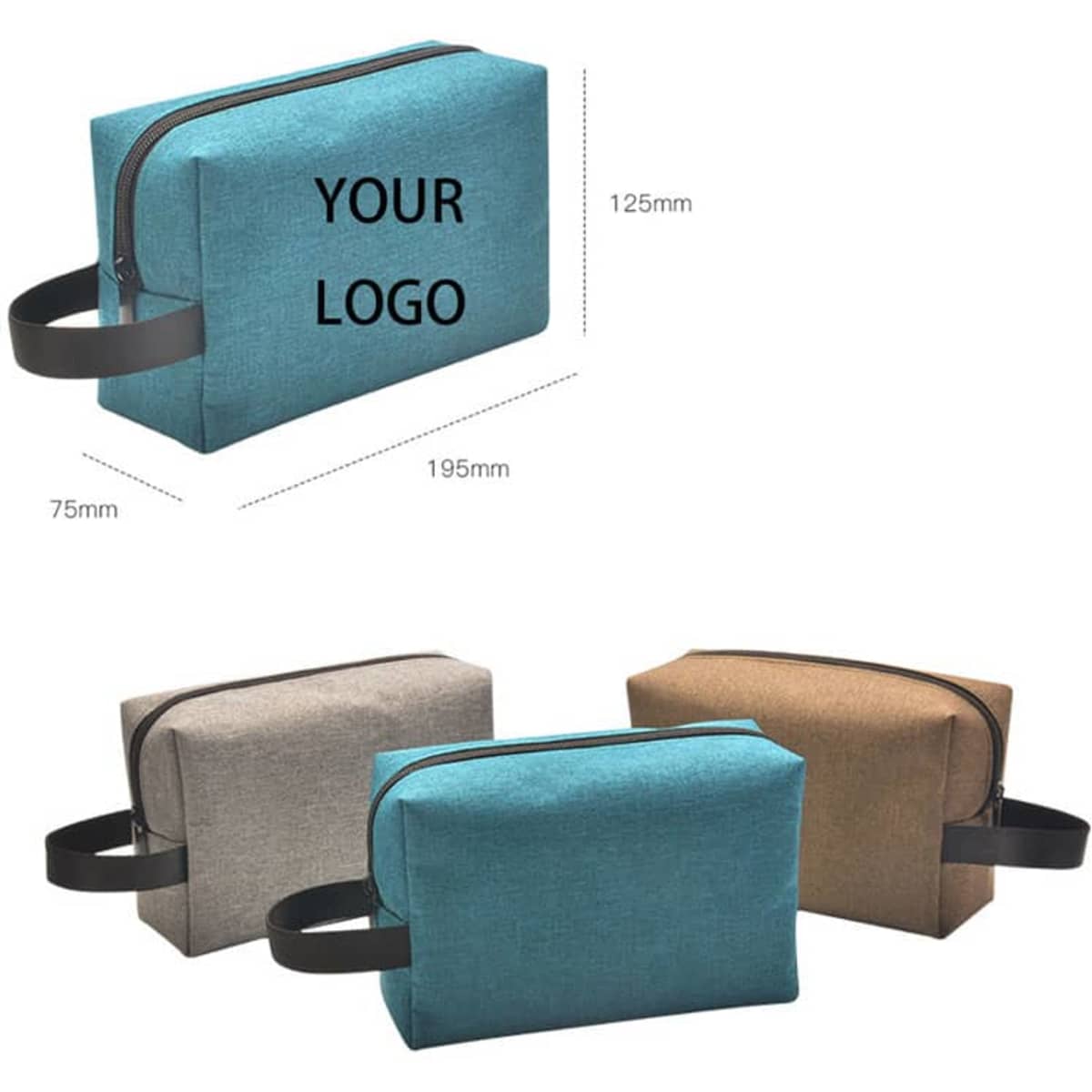 A makeup bag in three colours: teal, grey, and brown, featuring a zip closure and a black handle. It has a logo.