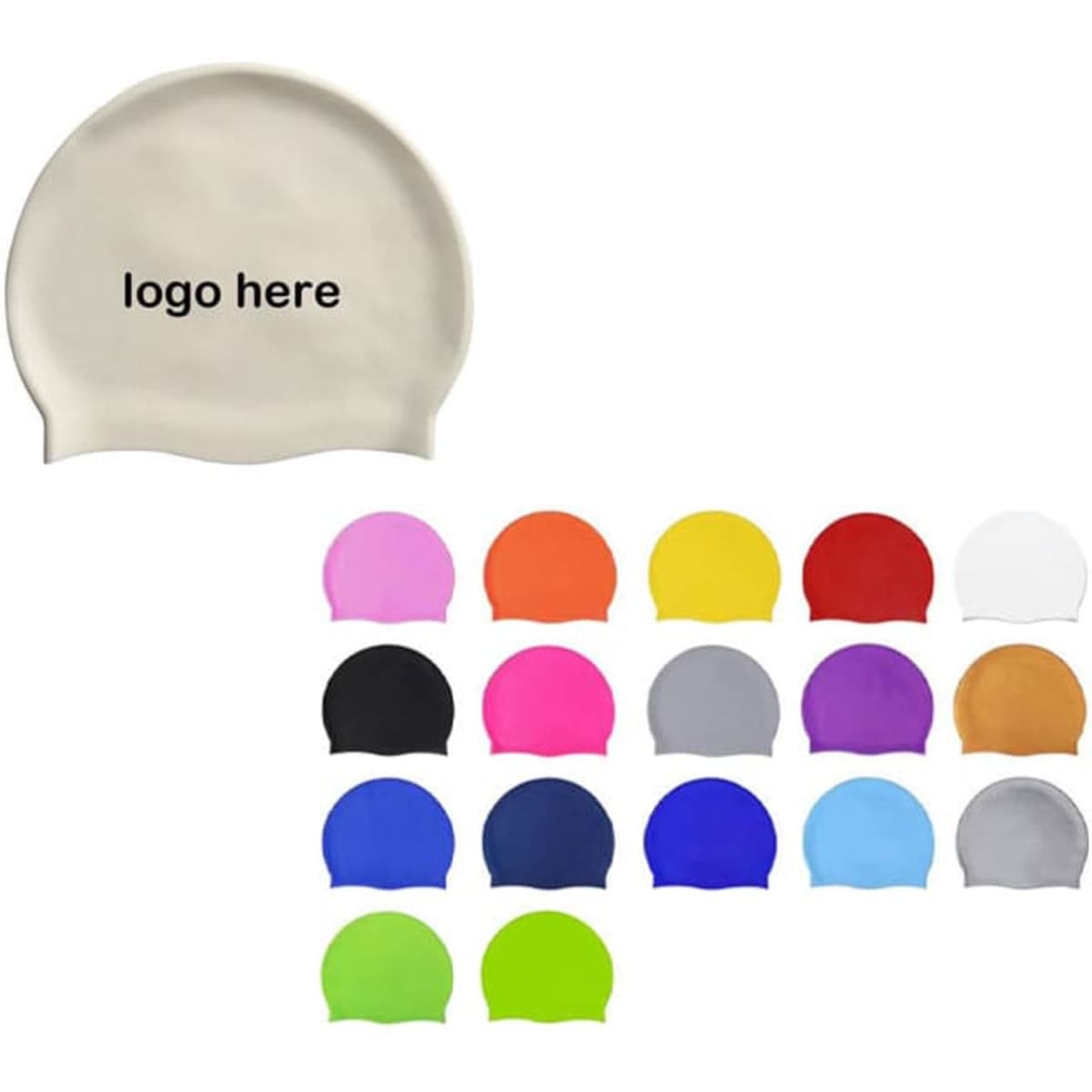 A collection of stretch swimming caps in various colours, featuring a logo on one cap.