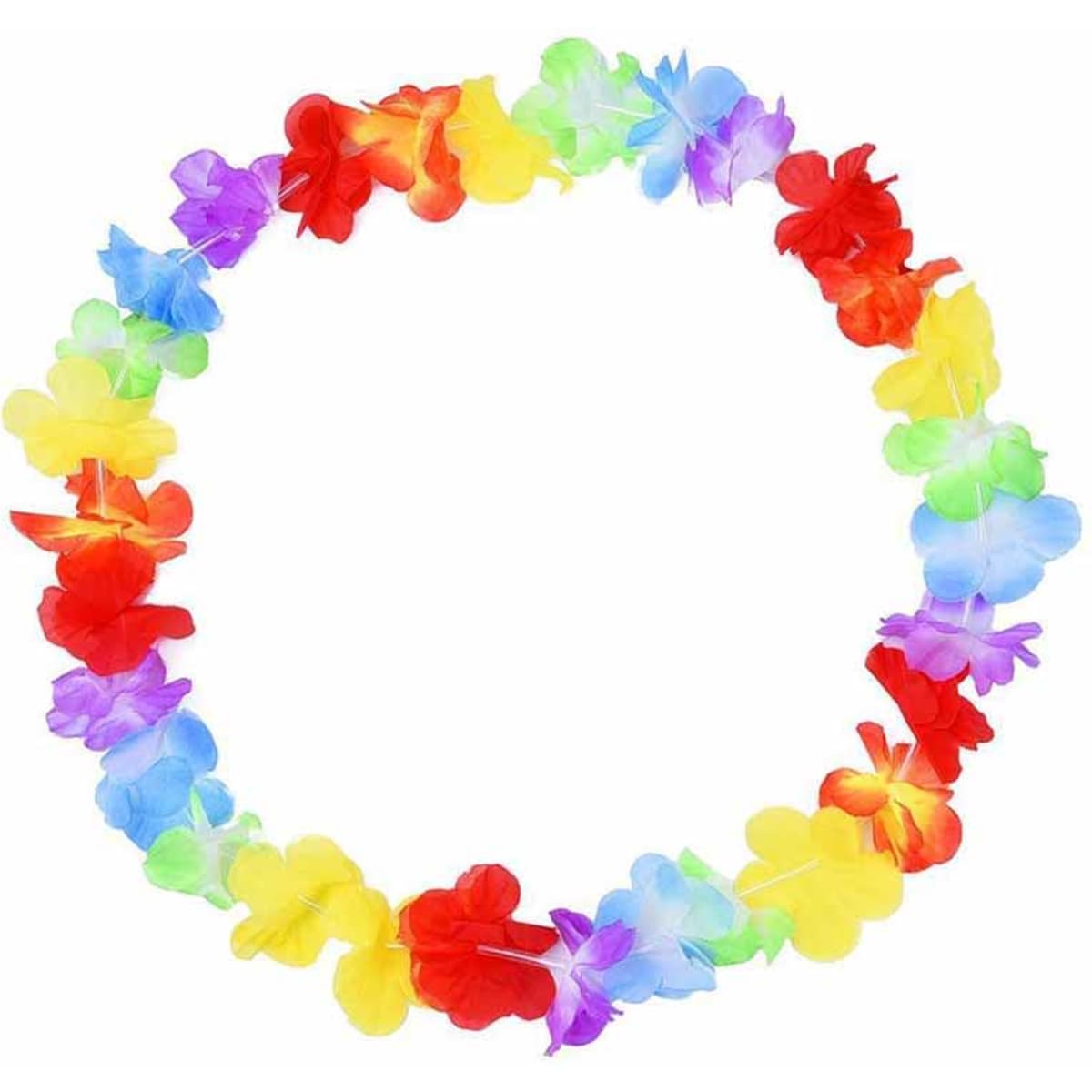 A vibrant flower wreath in red, yellow, blue, green, and purple hues, arranged in a circular shape.