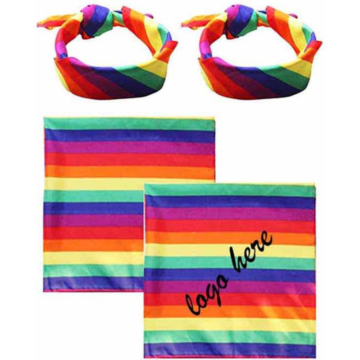 Two rainbow-striped bandanas and two matching headbands, featuring vibrant colours and a logo.