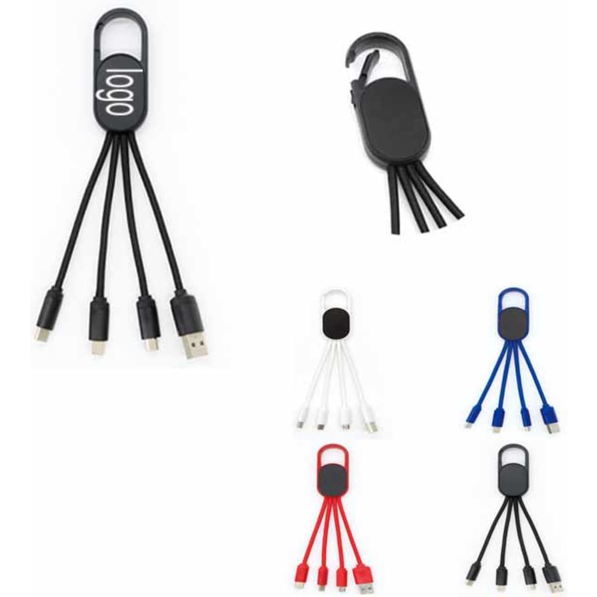 A phone data cable organiser in multiple colours: black, white, blue, and red, featuring multiple connectors and a logo.