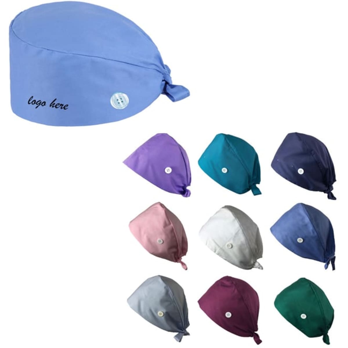 Medical work caps in various colours including blue, pink, green, purple, and navy, featuring a logo on some.