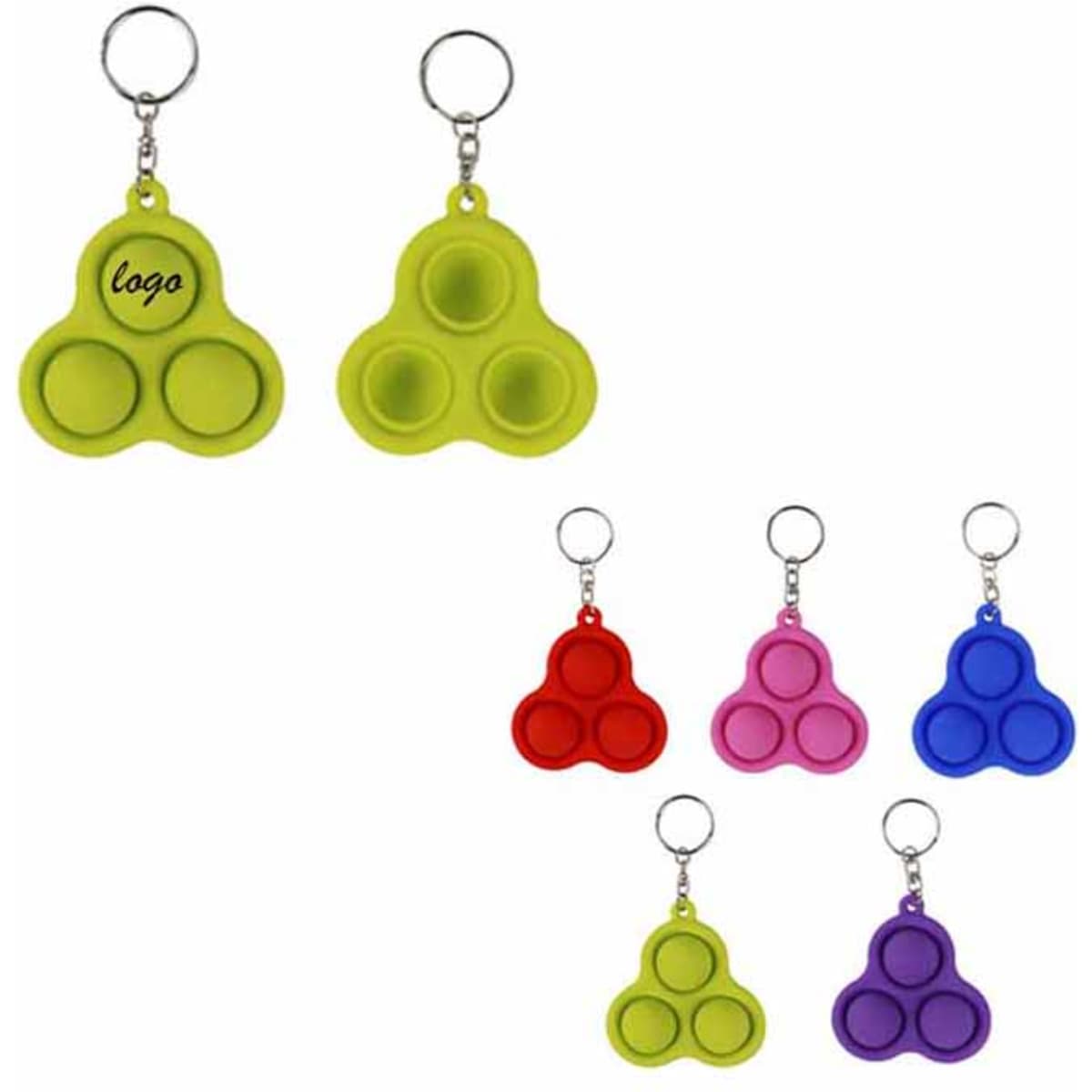 Decompression toys with key rings in bright colours: green, pink, red, purple, and blue. Each features a logo.