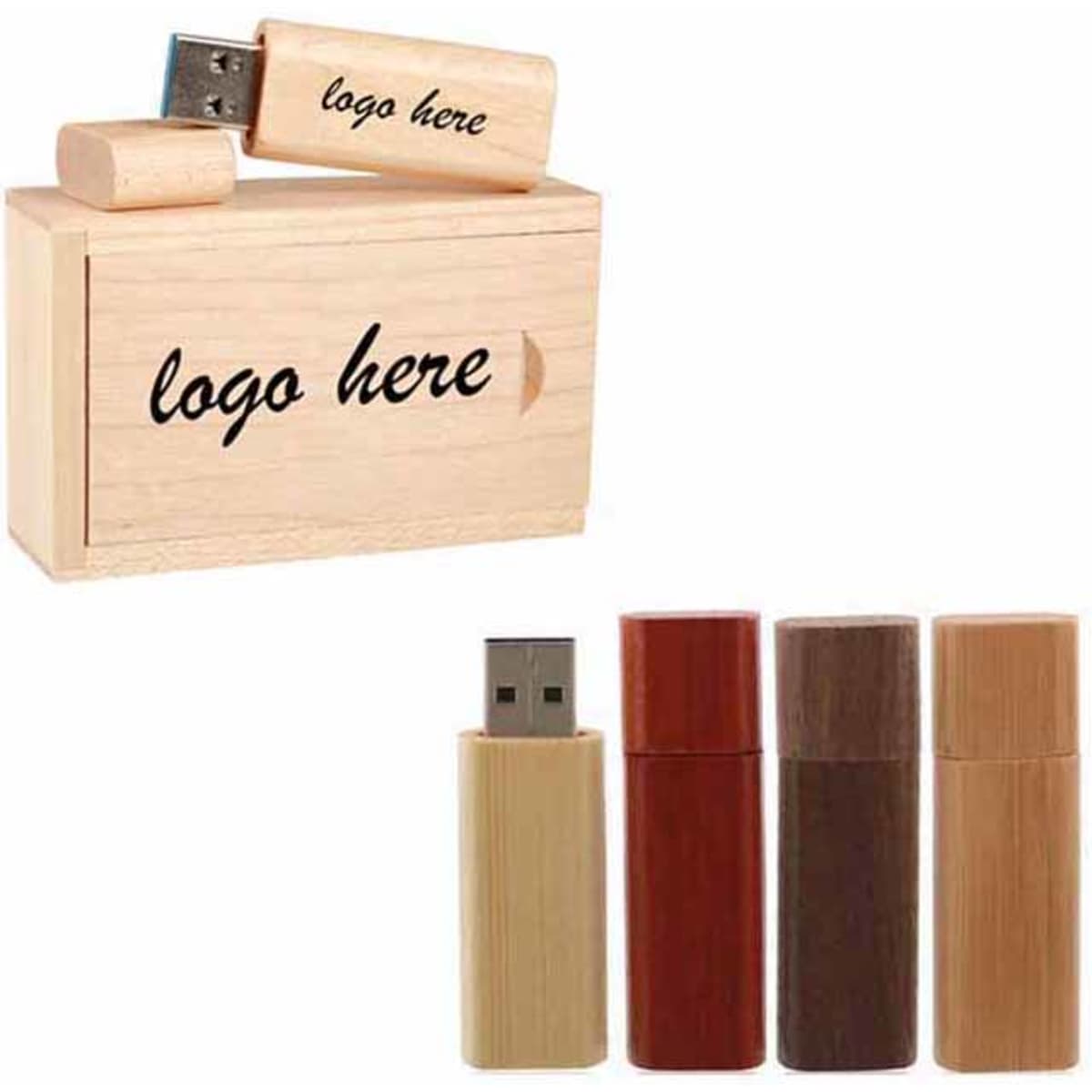 A bamboo USB stick in natural, dark brown, and red colours, displayed with a wooden box. The box has a logo.