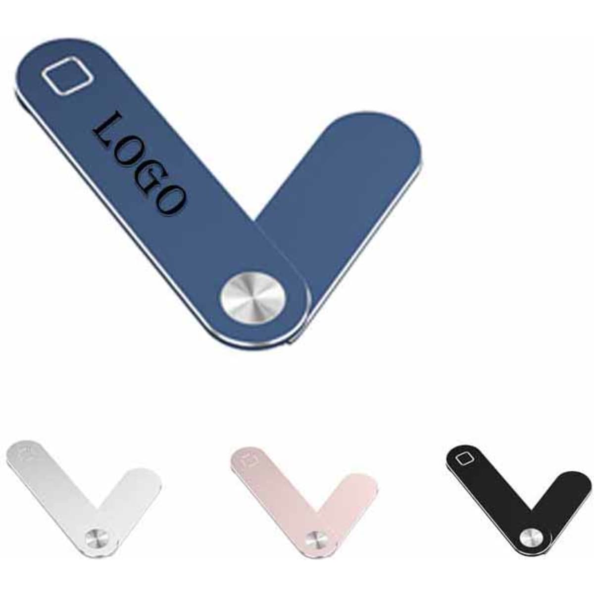 A laptop extension stand in navy blue, black, silver, and rose gold, featuring a logo on one side.