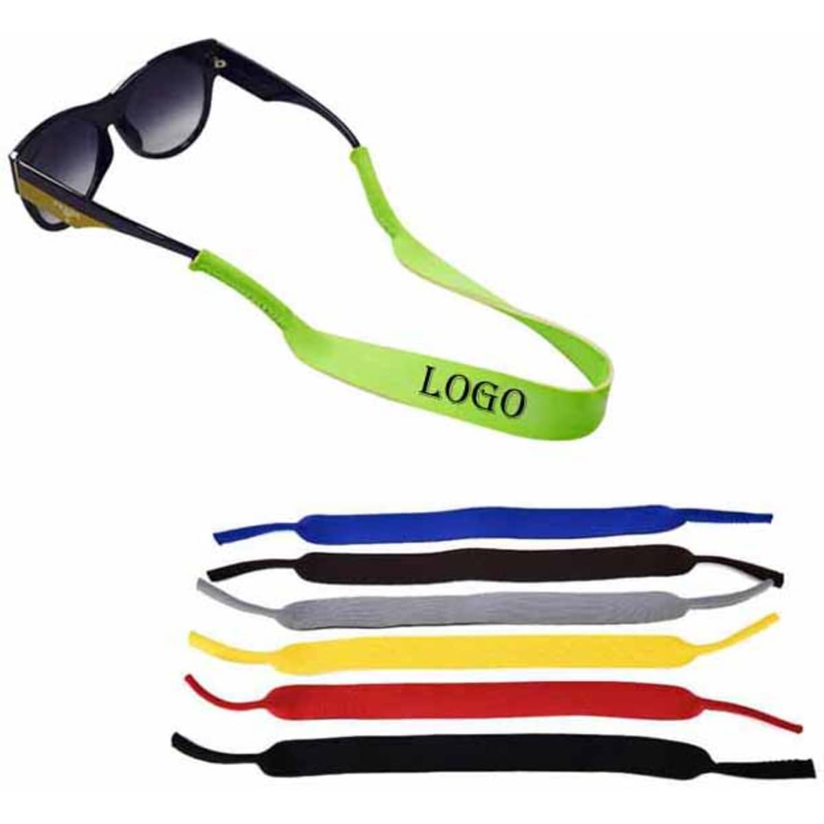 Sunglasses with a green lanyard alongside additional lanyards in blue, yellow, grey, and black. The lanyard features a logo.