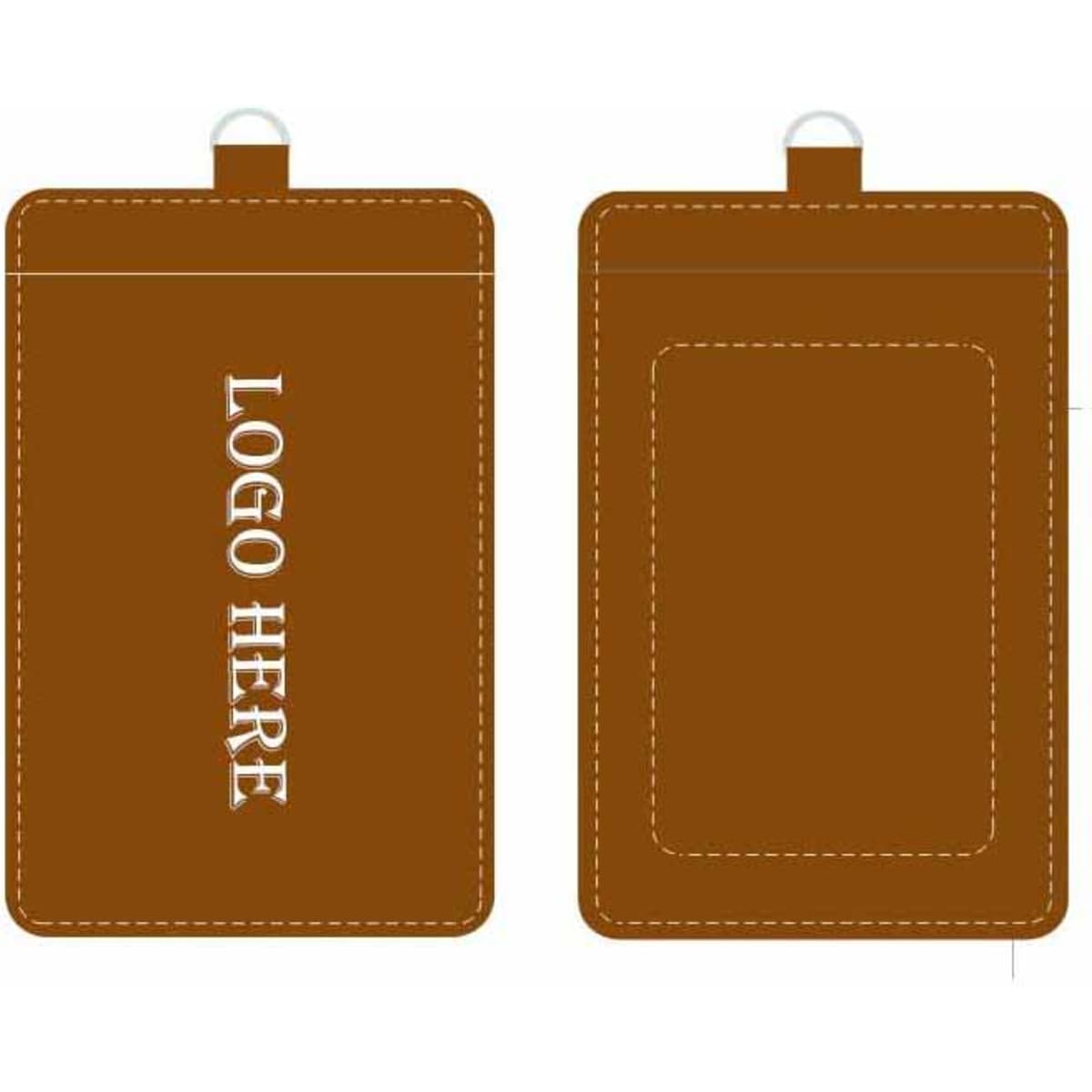 A brown PU work card holder featuring a transparent slot and a loop for attachment, with a logo space.